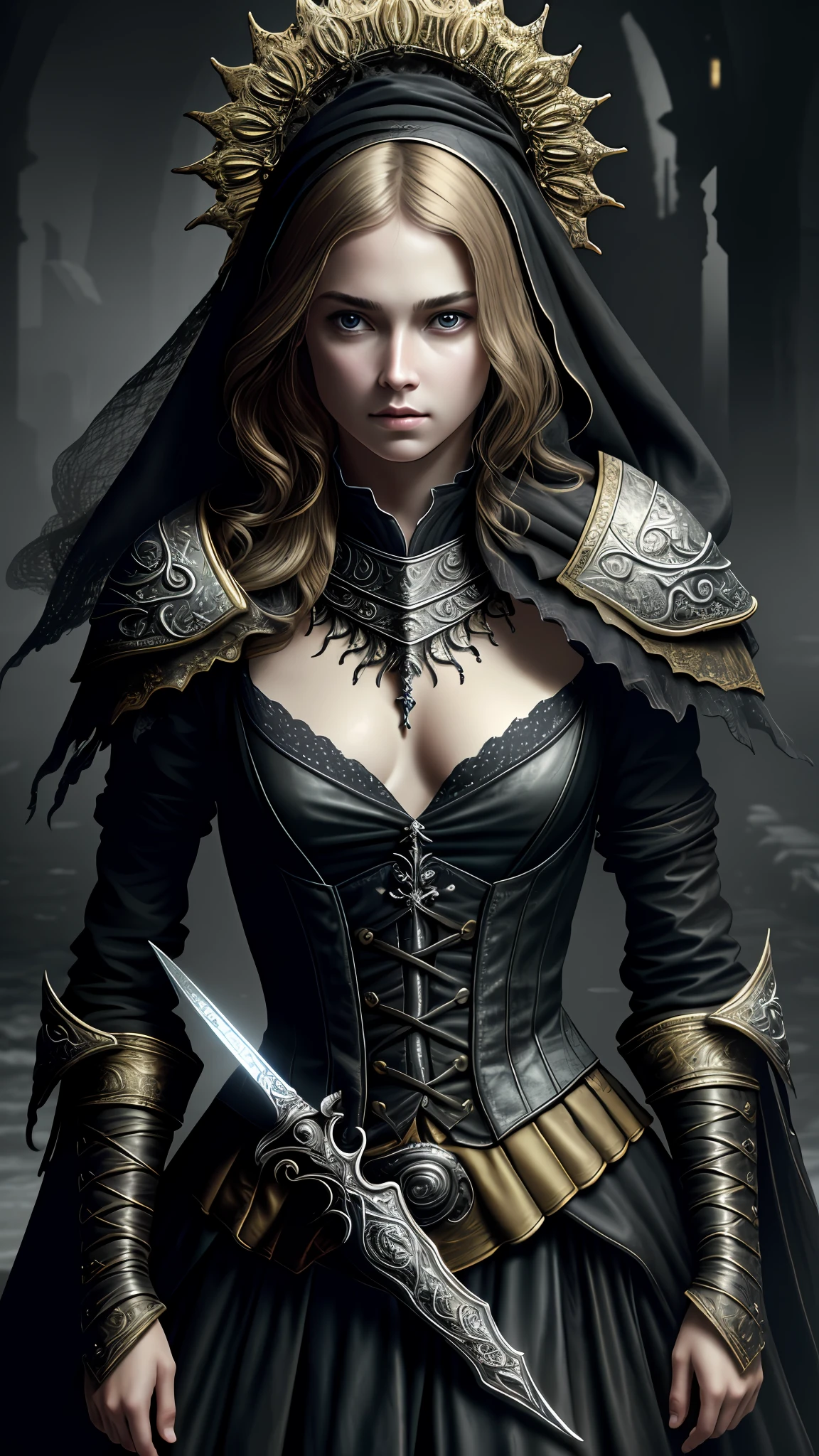 photograph, masterpiece, photorealistic, realistic, extremely high detail, HDR, (8k, RAW photo:1.2), soulsborne, young female, monster, assassin, long messy hair, glowing eyes, face covered, dagger, dark magic, yellow and black auras, high detailed skin, (best quality:1.4), (ultra highres:1.2),