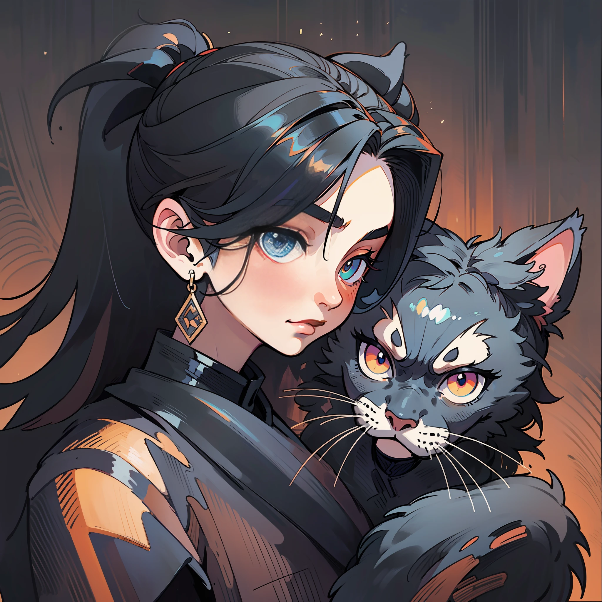 A girl with unforgiving eyes and a cat in her arms, girl in black Barlot dress, metal earrings, double ponytail and shoulder-length black straight hair, Gothic dark style, surrealist animal illustration, Meiji art, black painting, rich layers, realistic figurative painting, realistic hyperdetail portrait style, New Traditional Japan, Aaron Yasinski, Gothic grandeur, soft edges, dark romantic illustrations, --style expressive