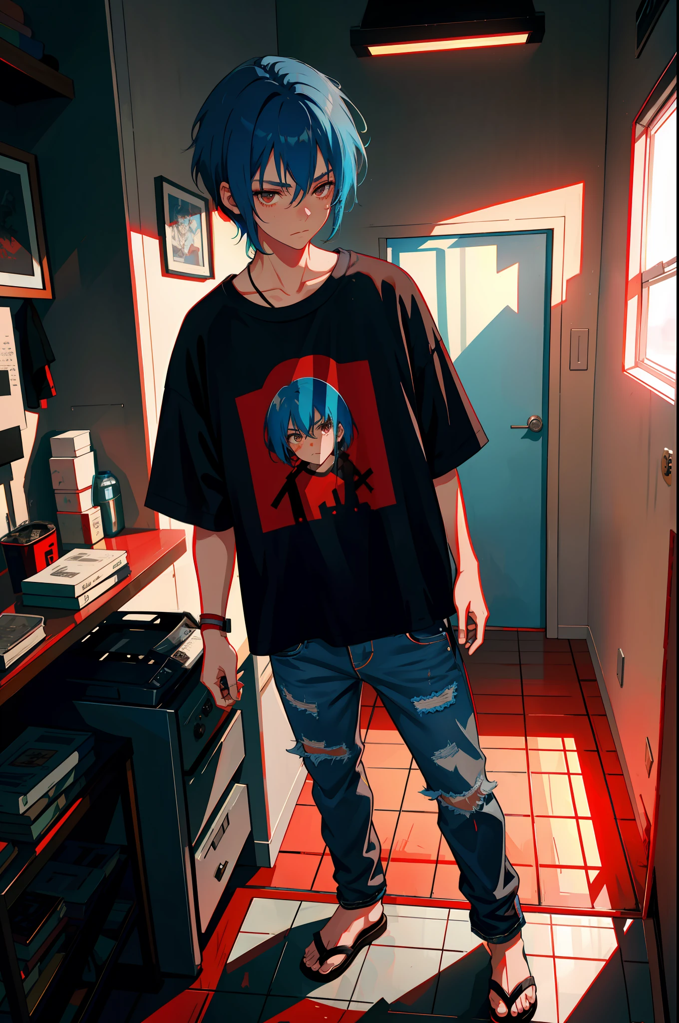 1boy, blue hair, brown eyes, (band shirt, jeans) inside a gray apartment, with a tired pose. [Wielding a scarlet-bladed katana reflecting some red light from it]