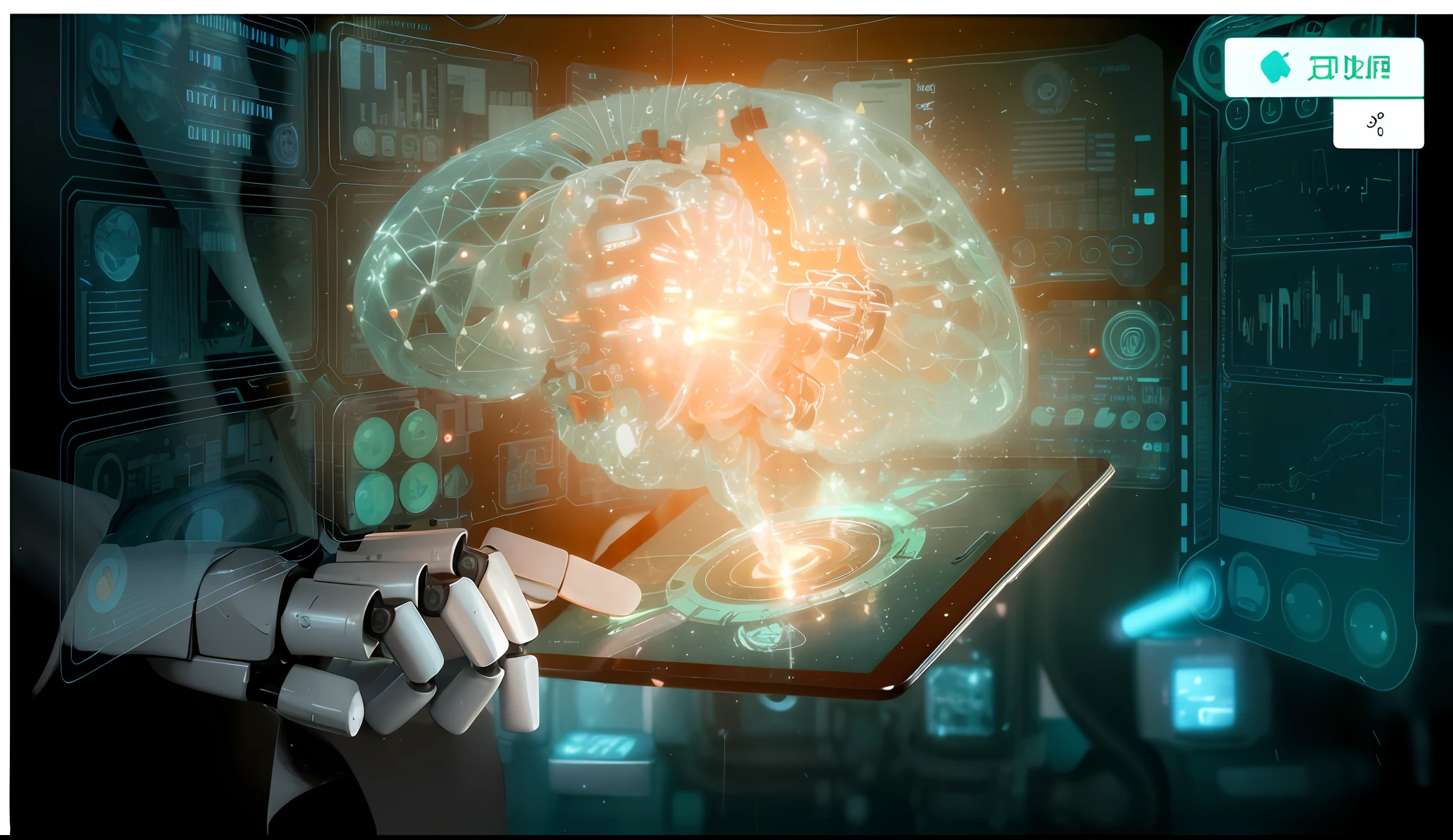 Robot hand holding a tablet with digital images of brains, powerful artificial intelligence, artificial intelligence, endless cooperation with artificial intelligence, upcoming artificial intelligence singularity, artificial intelligence !!, and artificial intelligence topics, artificial intelligence machines, artificial intelligence production realists, technology, artificial intelligence god, evil artificial intelligence, artificial intelligence researcher, integrated synthetic robot