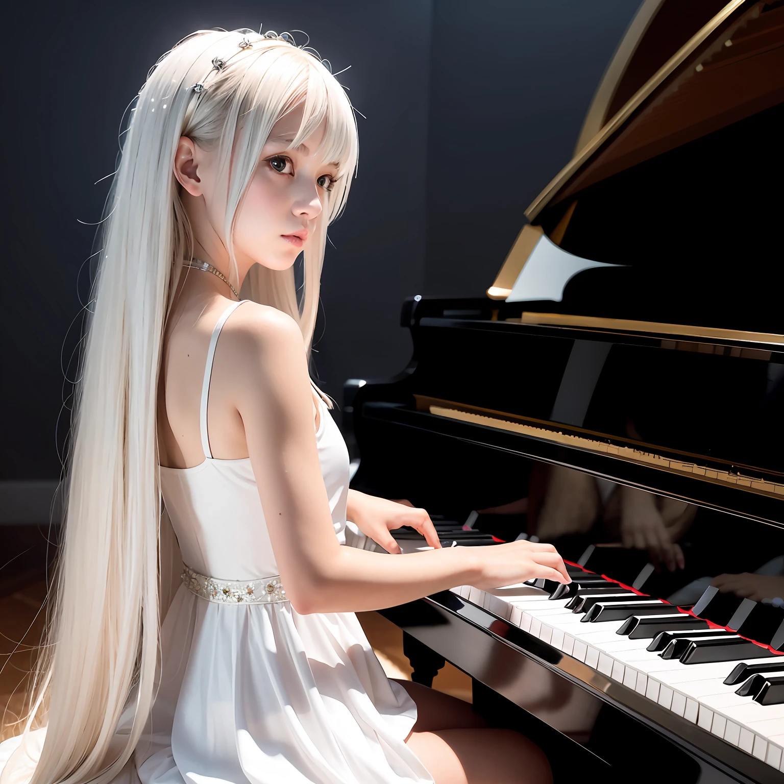 girl, long hair, playing piano, musical instrument, black eyes, dress, white dress, white hair, looking at the audience, light particles, shut up, indoor, jewelry, sleeveless, bare shoulders, bangs, from side, head rest on piano, head tilt, rest,