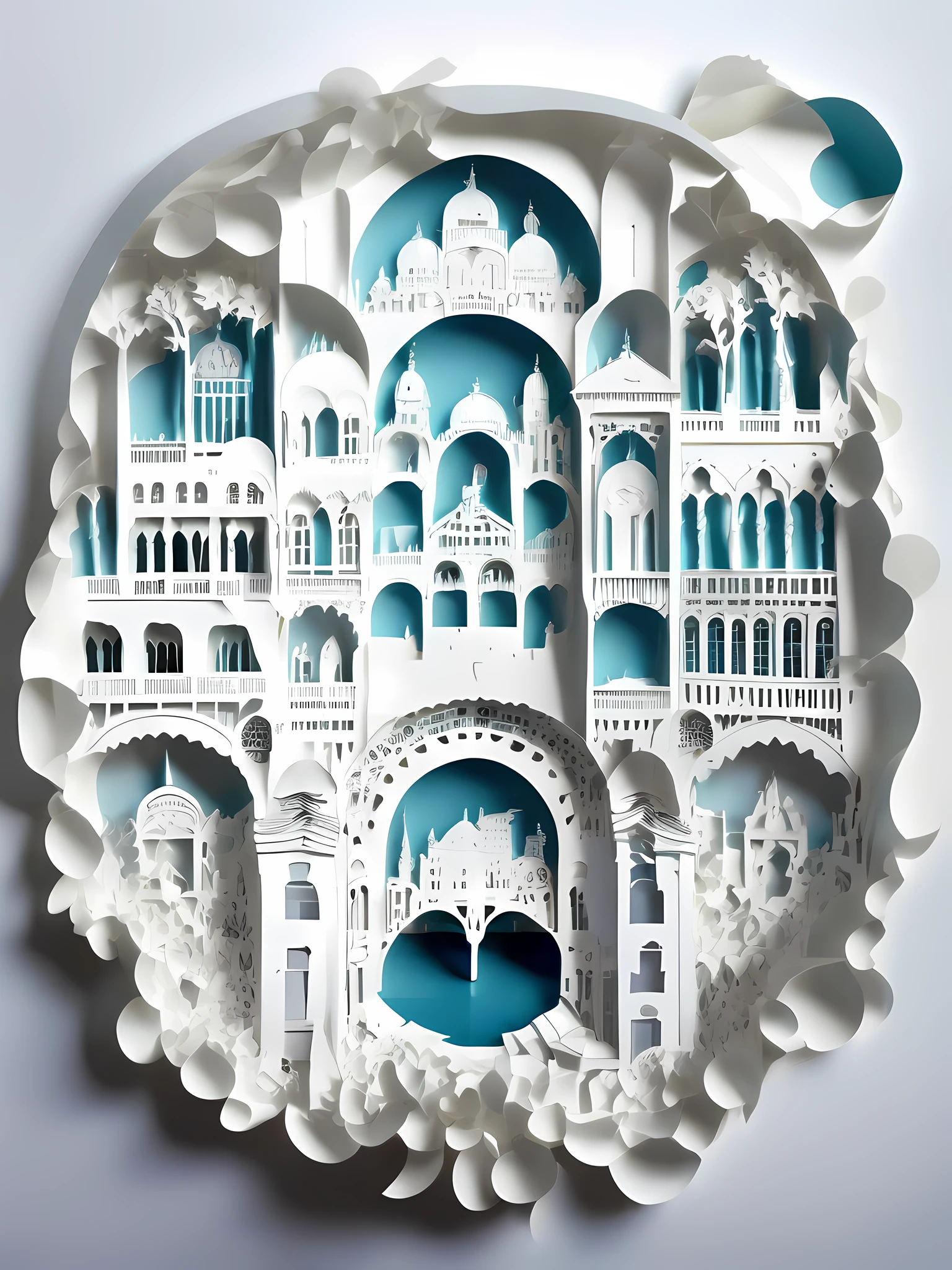 Venice, Italy, architecture, water city, front view layer, 3D paper cutting, minimalist composition, white background, 3D stereoscopic, HD rendering.