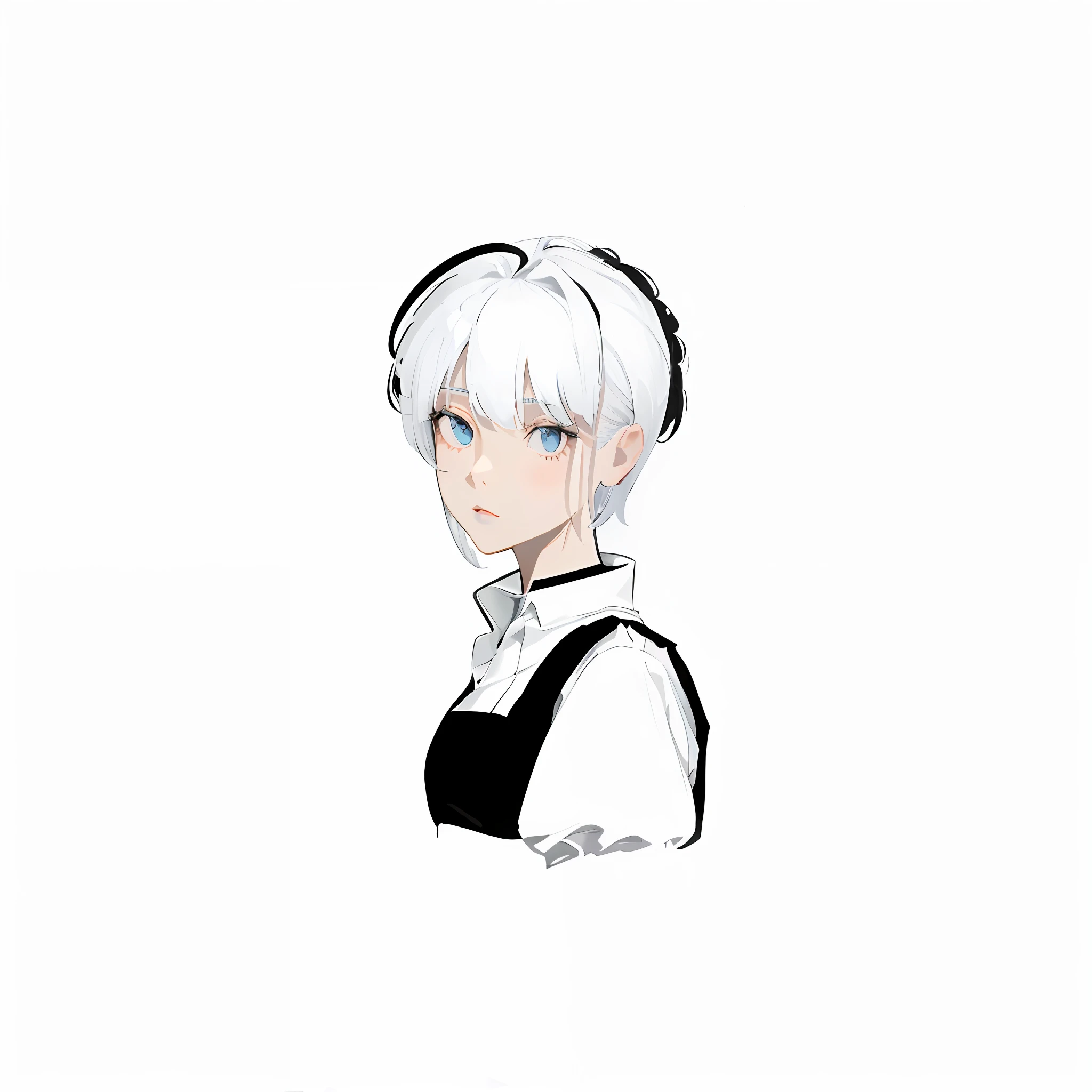 ((masterpiece, best quality)), (1girl), (solo), (female focus), (ahoge, white hair, short hair), black eyes, ((white shirt), (buttoned shirt)), ((black skirt), (short skirt)), standing, white background, arms behind back,blue eyes