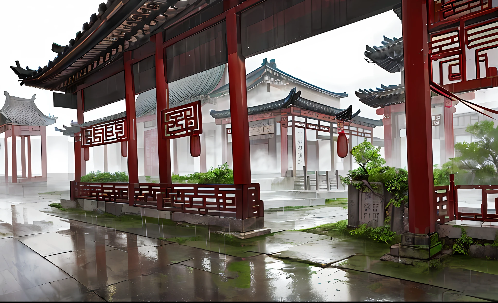 ((beautiful),(ancient Chinese city),(after the rain),(sentimental)),(feelings),(quiet),(street),(meditative),(black and white:0.3)|(fog:1.3), (light rain: 1.2+ heavy rain: 1.3)