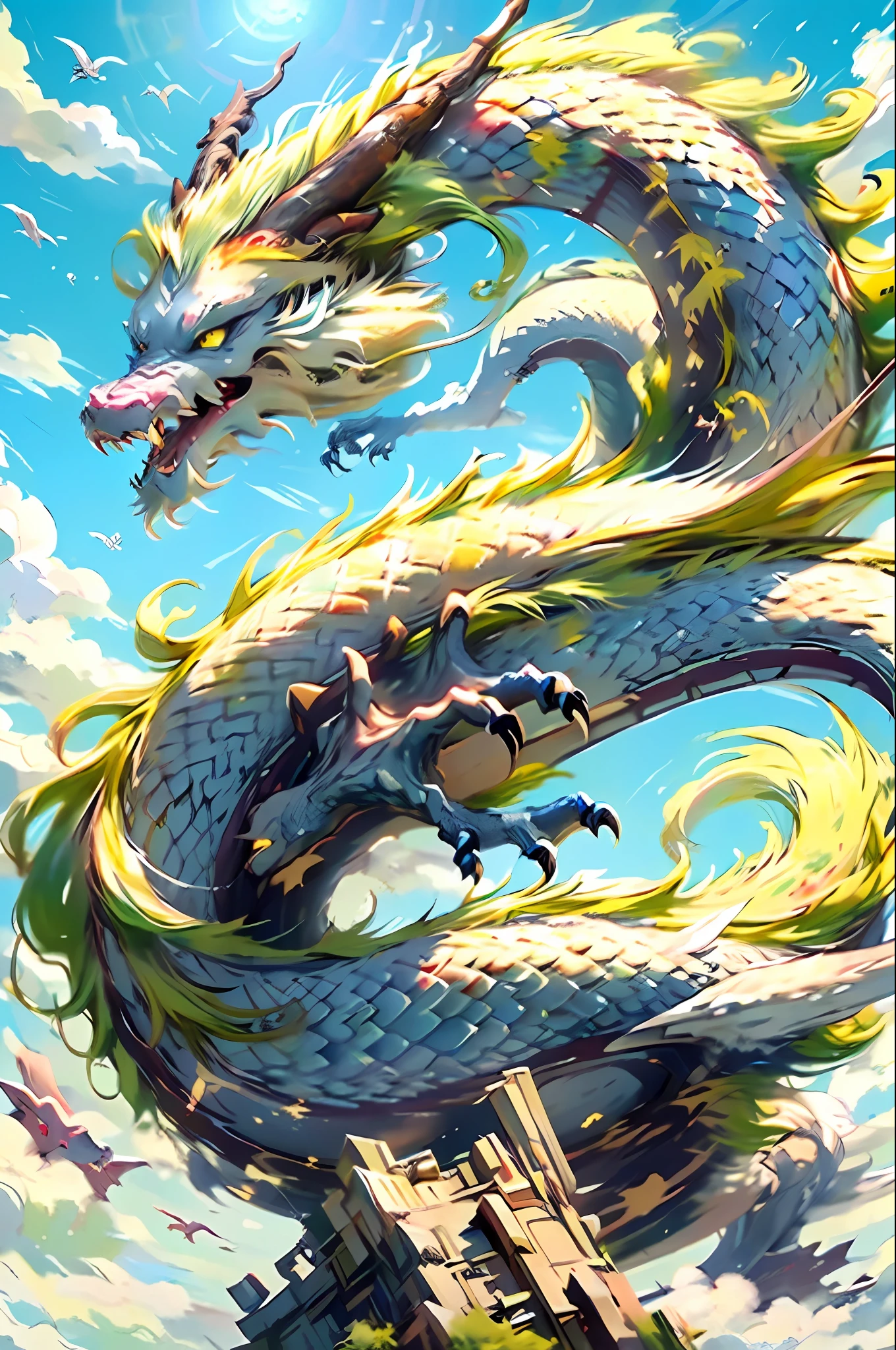 Best quality,masterpiece,ultra high res,nu no humans, (long:1.2),sky, yellow eyes, cloud, scales, eastern dragon, open mouth, sharp teeth, flying, horns, teeth, day, claws, fangs, blue sky