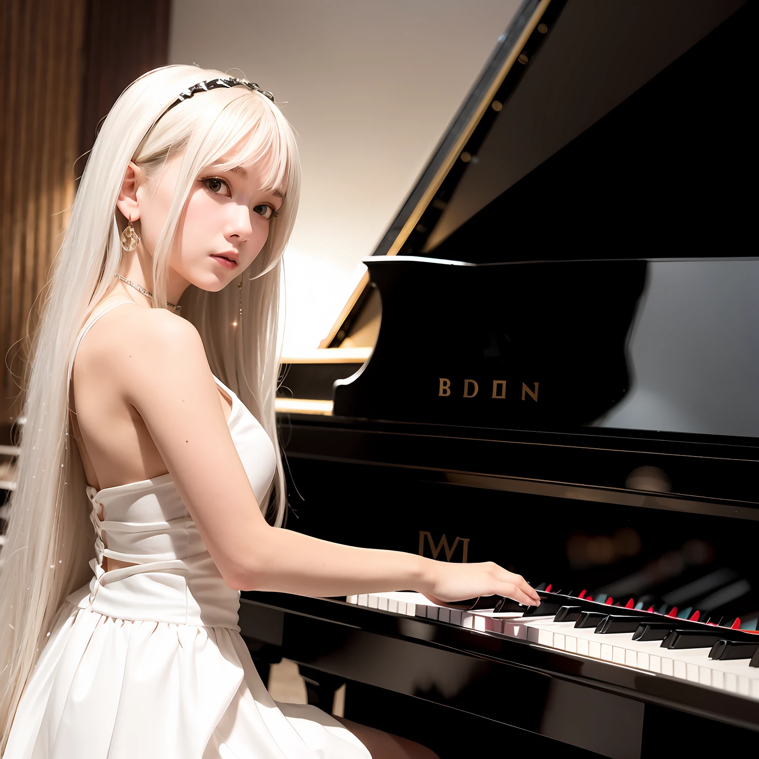 girl, long hair, playing piano, musical instrument, black eyes, dress, white dress, white hair, looking at the audience, light particles, shut up, indoor, jewelry, sleeveless, bare shoulders, bangs, from side, head rest on piano, head tilt, rest,