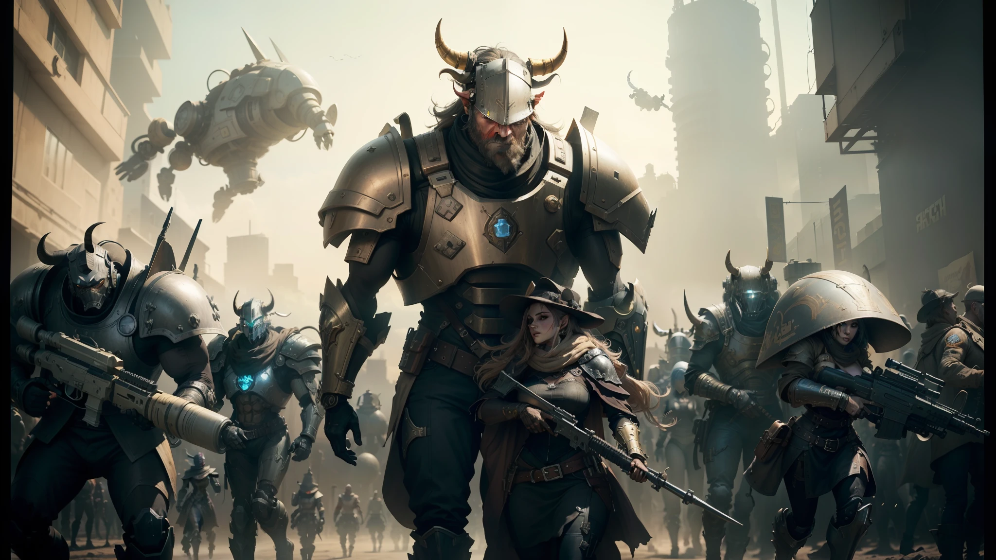 arafed image of a man and a woman walking in front of a group of robots, grimdark steampunk fantasy, ps 4 in - game cinematic, character with a hat, a horned, wasteland, official splash art, “pig, the gunslinger, gray wasteland, swarm, heavy white and golden armor, sepia, official artwork, ox --auto --s2