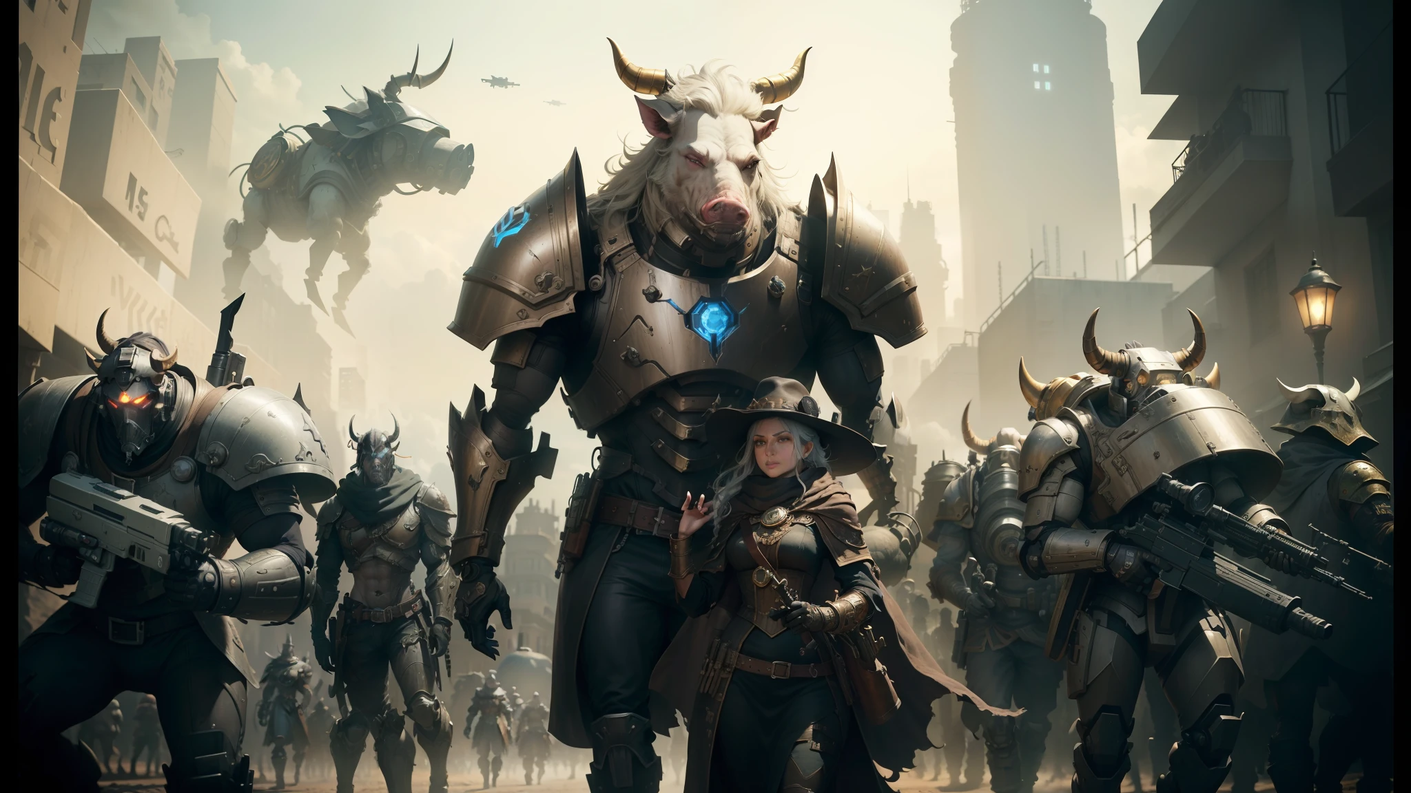 arafed image of a man and a woman walking in front of a group of robots, grimdark steampunk fantasy, ps 4 in - game cinematic, character with a hat, a horned, wasteland, official splash art, “pig, the gunslinger, gray wasteland, swarm, heavy white and golden armor, sepia, official artwork, ox --auto --s2
