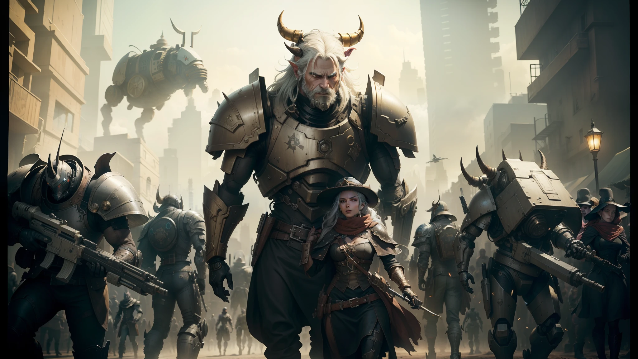 arafed image of a man and a woman walking in front of a group of robots, grimdark steampunk fantasy, ps 4 in - game cinematic, character with a hat, a horned, wasteland, official splash art, “pig, the gunslinger, gray wasteland, swarm, heavy white and golden armor, sepia, official artwork, ox --auto --s2