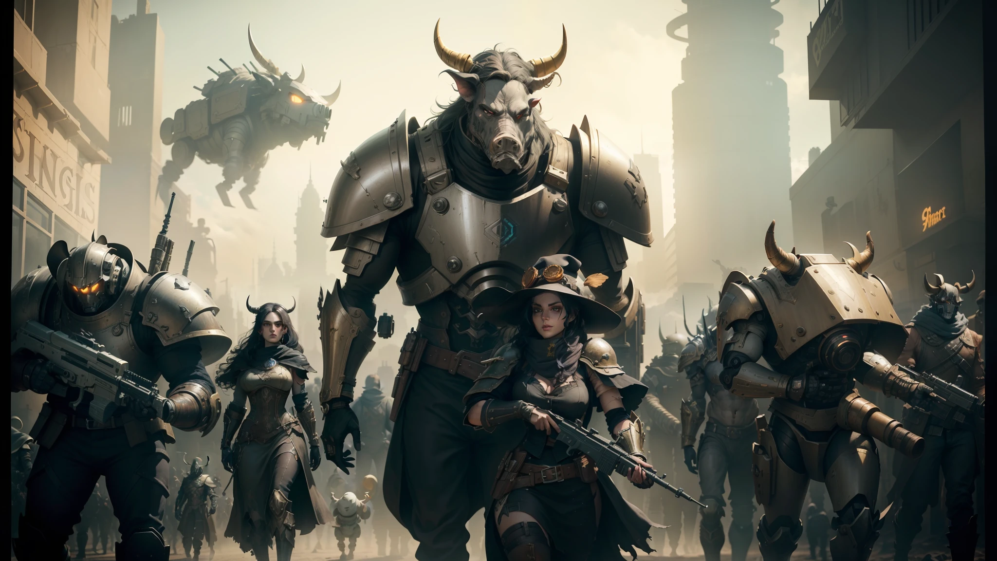 arafed image of a man and a woman walking in front of a group of robots, grimdark steampunk fantasy, ps 4 in - game cinematic, character with a hat, a horned, wasteland, official splash art, “pig, the gunslinger, gray wasteland, swarm, heavy white and golden armor, sepia, official artwork, ox --auto --s2