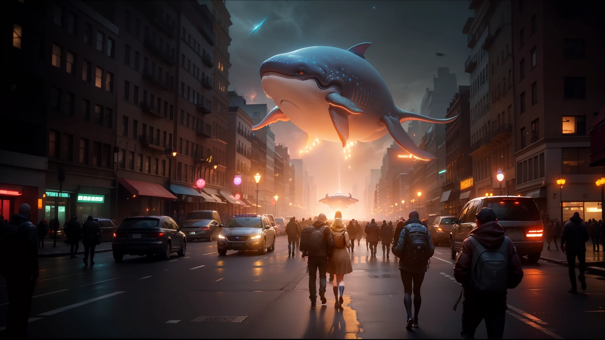 people walking down a street with a giant object in the air, vfx film, playstation 5 graphics, moloch, invasion of the tripmachines, inspired by Michael Komarck, 7 7 7 7, passengers, 2019, giant ethereal creature, modern new york, space whale --auto --s2