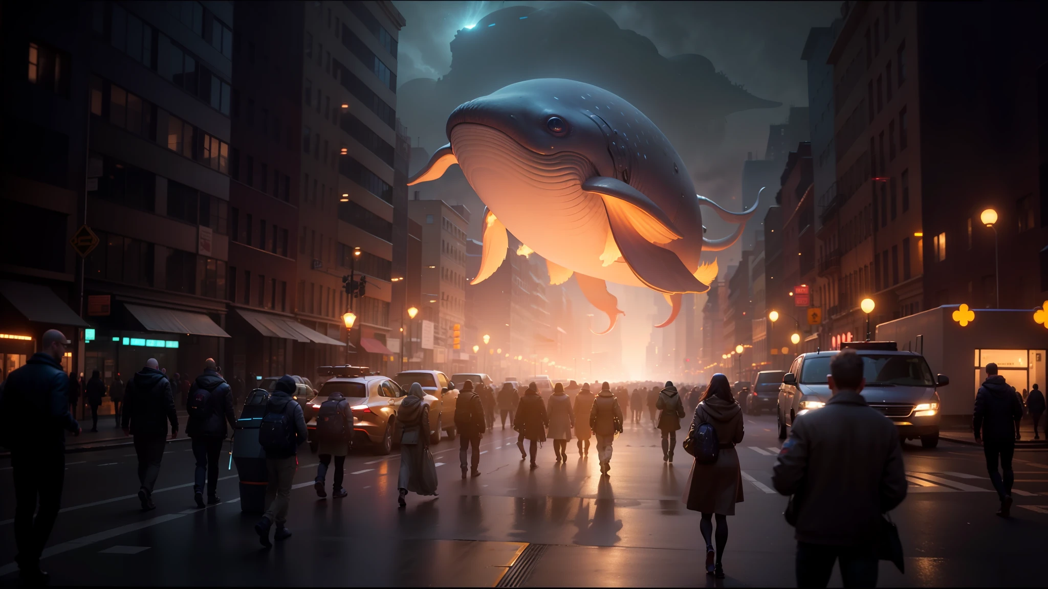 people walking down a street with a giant object in the air, vfx film, playstation 5 graphics, moloch, invasion of the tripmachines, inspired by Michael Komarck, 7 7 7 7, passengers, 2019, giant ethereal creature, modern new york, space whale --auto --s2