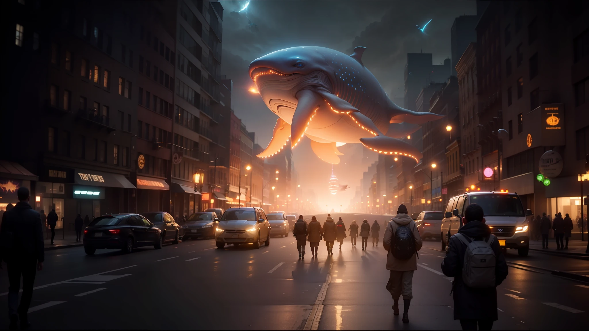 people walking down a street with a giant object in the air, vfx film, playstation 5 graphics, moloch, invasion of the tripmachines, inspired by Michael Komarck, 7 7 7 7, passengers, 2019, giant ethereal creature, modern new york, space whale --auto --s2