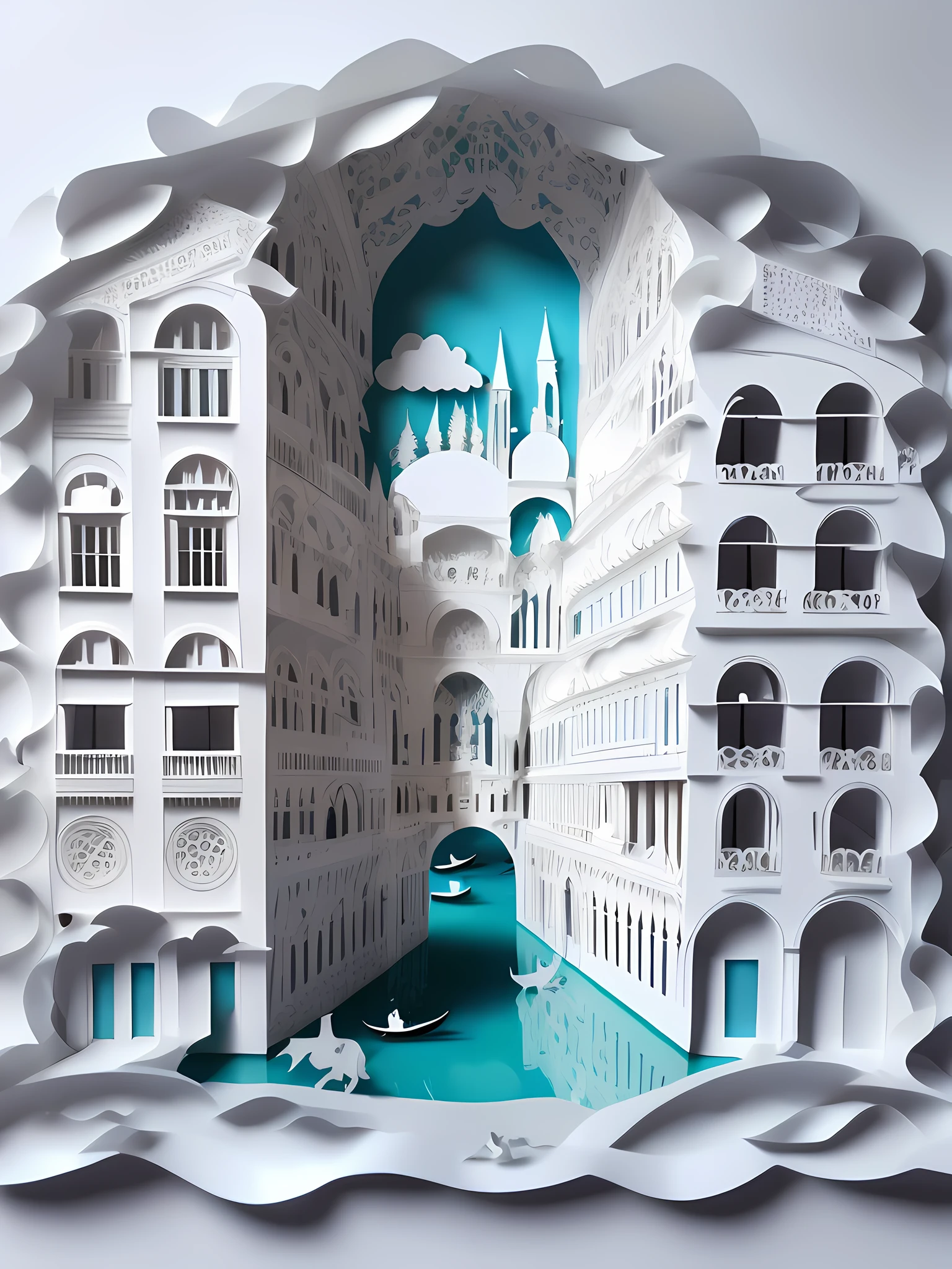 Italian Venice architecture, water city, street view, front view layer, 3D paper cutting, simple composition, white background, 3D stereoscopic, HD rendering.