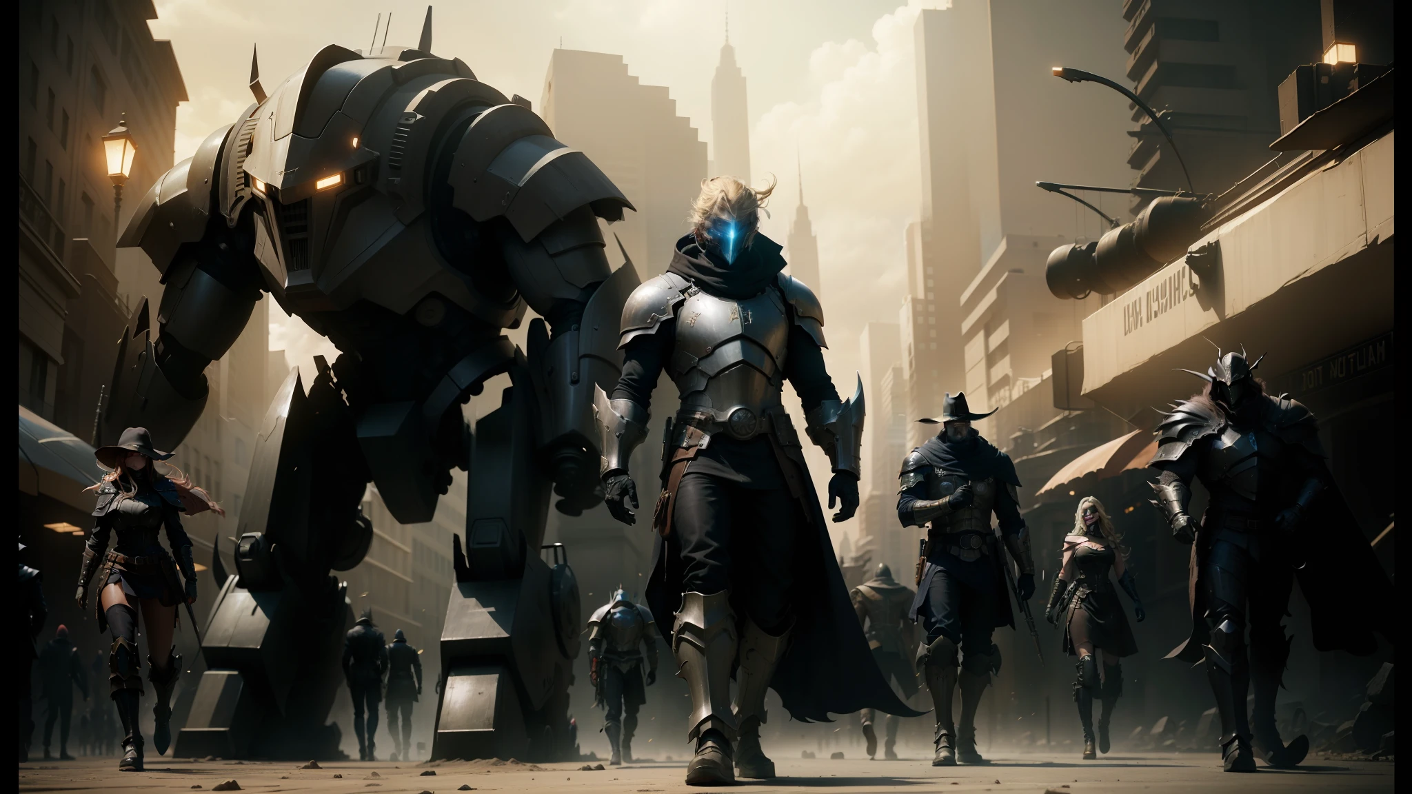 there are many people walking in a city with giant robots, elisha cuthbert as a paladin, amazing concept painting, machine noir dieselpunk grimcore, stardestroyer in the background, karl urban as a dragonslayer, heonhwa choe, post - apocalyptic cowboy, futuristic precious metals, hd movie photo, cp2077, widescreen shot --auto --s2