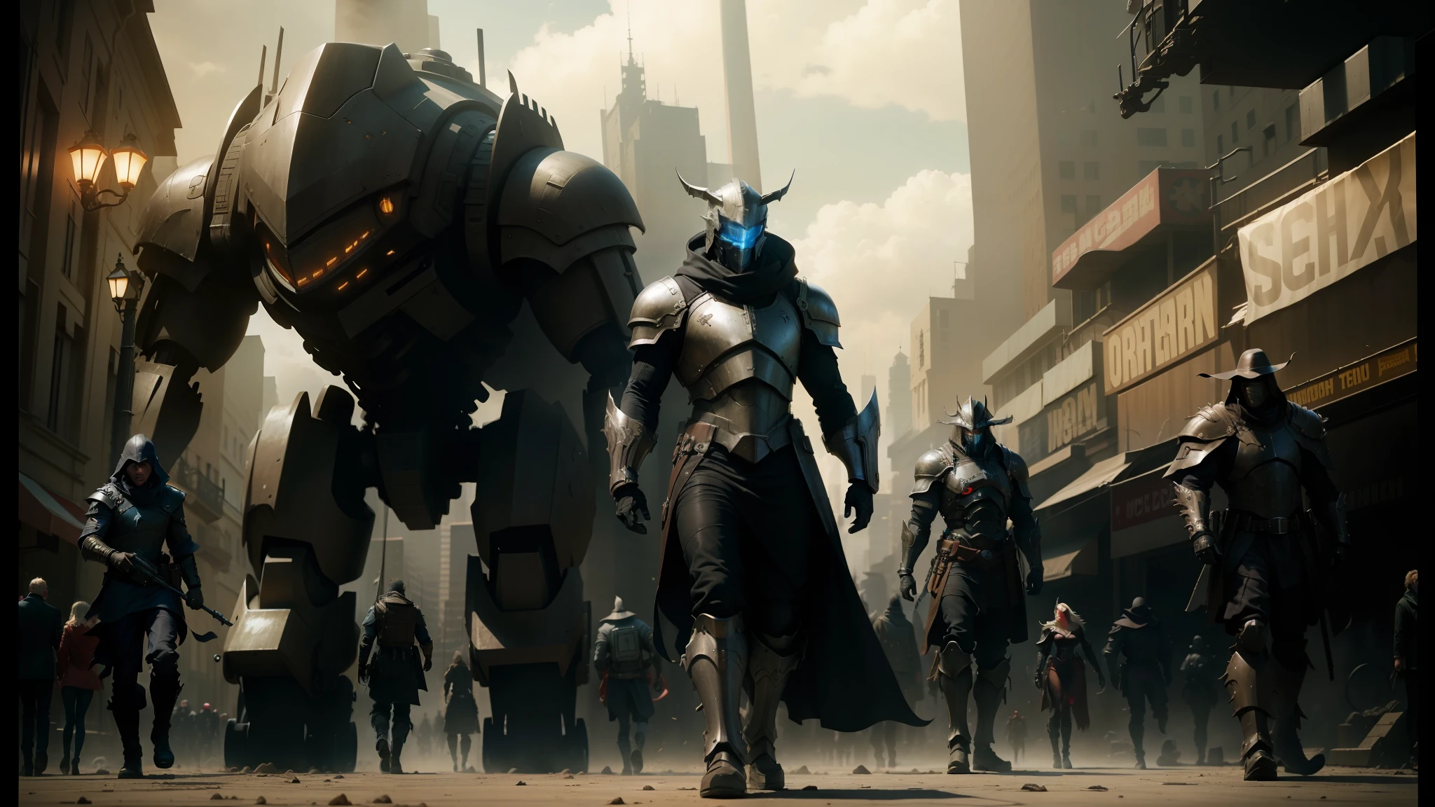 there are many people walking in a city with giant robots, elisha cuthbert as a paladin, amazing concept painting, machine noir dieselpunk grimcore, stardestroyer in the background, karl urban as a dragonslayer, heonhwa choe, post - apocalyptic cowboy, futuristic precious metals, hd movie photo, cp2077, widescreen shot --auto --s2