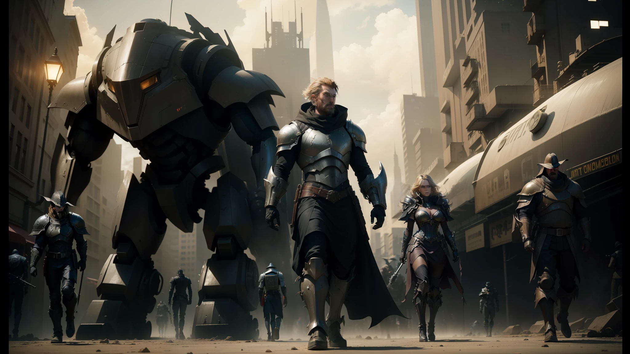 there are many people walking in a city with giant robots, elisha cuthbert as a paladin, amazing concept painting, machine noir dieselpunk grimcore, stardestroyer in the background, karl urban as a dragonslayer, heonhwa choe, post - apocalyptic cowboy, futuristic precious metals, hd movie photo, cp2077, widescreen shot --auto --s2