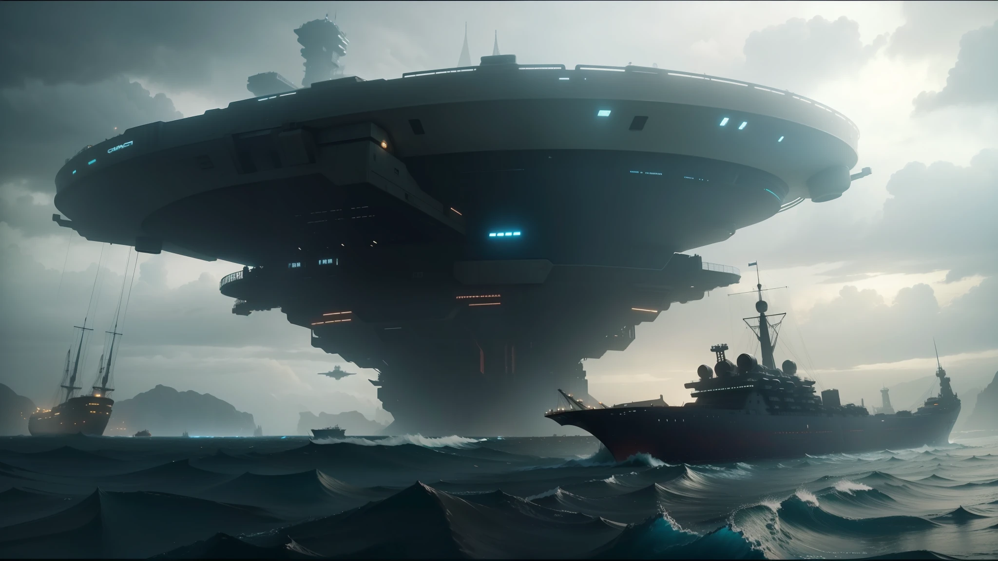 there is a large ship that is floating in the water, still frame from prometheus, the city iacon cybertron, flying saucer, in a steampunk distopian city, establishing action shot, dark skies, official screenshot, by Joaquín Clausell, rendered lighting --auto --s2