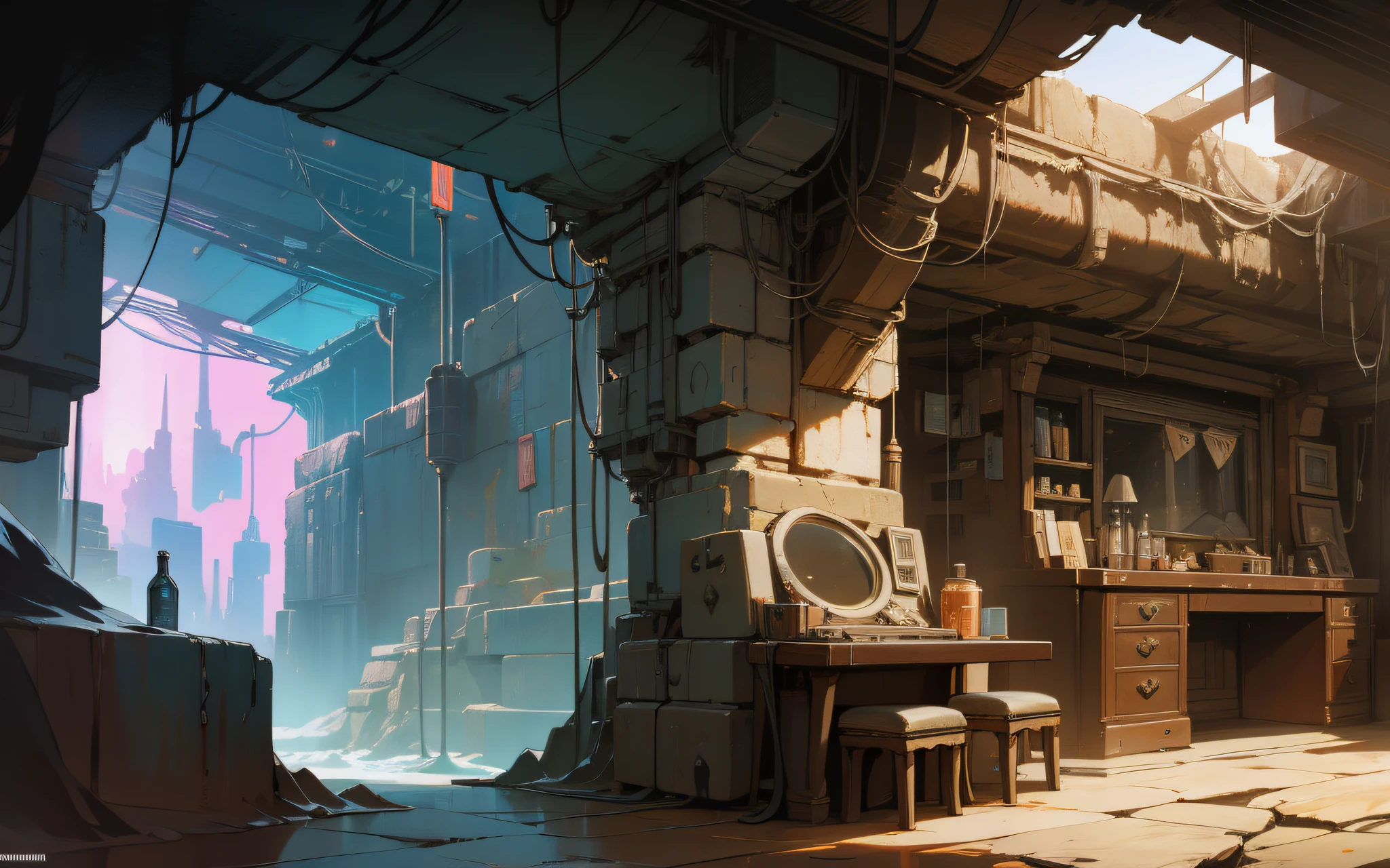 Cave cave interior scene, horizontal scene, game sideboard scene, retro cyberpunk style, steam age, parallel perspective, cyberpunk, lava cave scene, heads-up, retro
