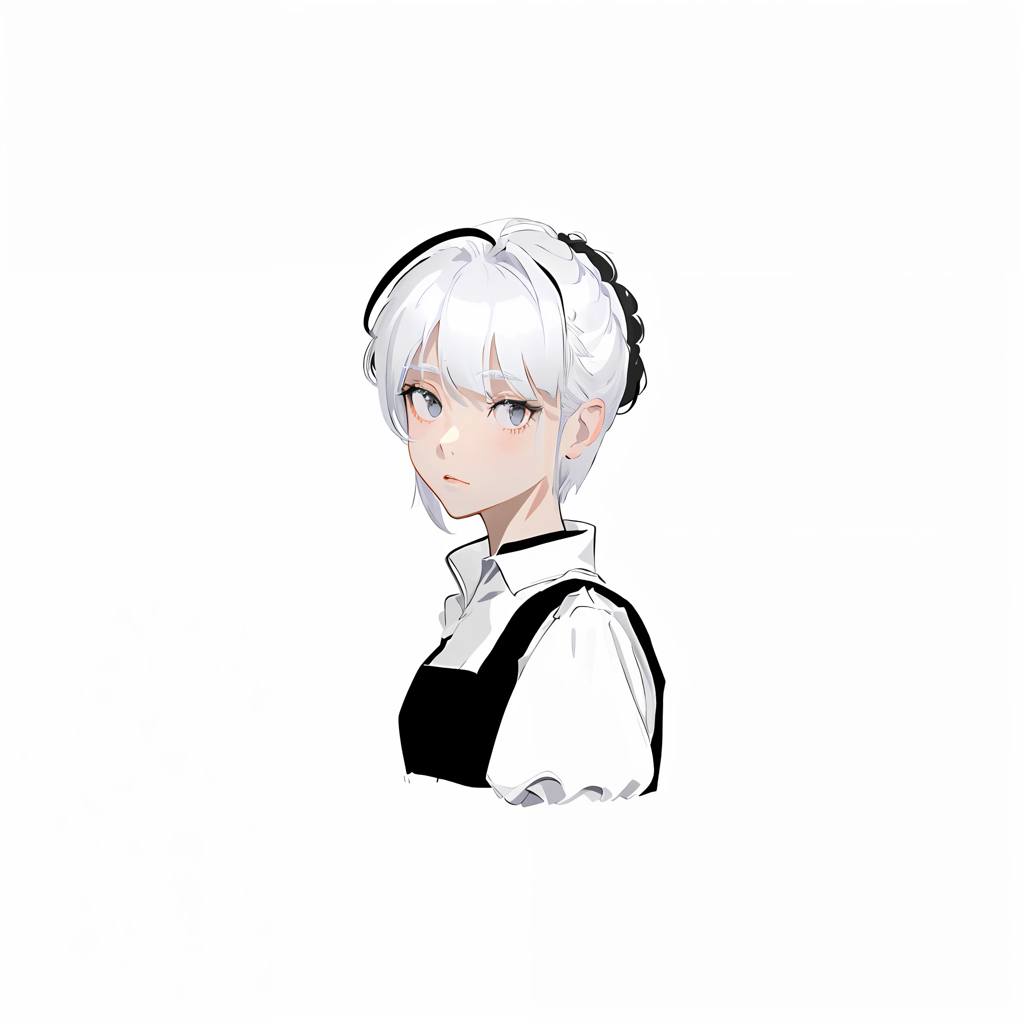 ((masterpiece, best quality)), (1girl), (solo), (female focus), (ahoge, white hair, short hair), black eyes, ((white shirt), (buttoned shirt)), ((black skirt), (short skirt)), standing, white background, arms behind back,