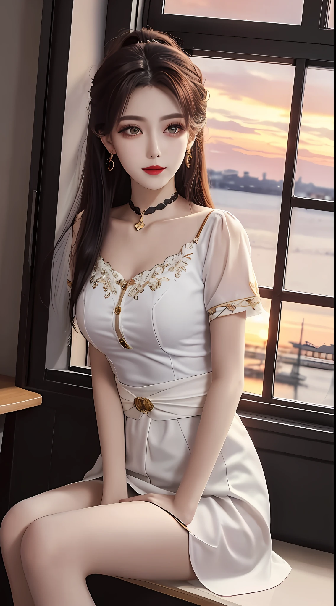 1 beautiful girl, sad girl, sitting by the window, long hair, beautiful face without blemishes, rosy face, earrings, brown eyes, thin eyebrows, most thorough makeup is eyelashes, red lips, lips petite, graceful smile, The breasts are full and round, slim waist, moderately big butt, long legs, wear a thin white shirt that reaches to the waist, black mesh stockings, long hair, one afternoon, sunset is fading, sky color orange, clear sunset background image, sad girl, sitting by the window, quality best image quality, 8k quality, real girl, girl portrait sitting by the window, artwork, upper body half,