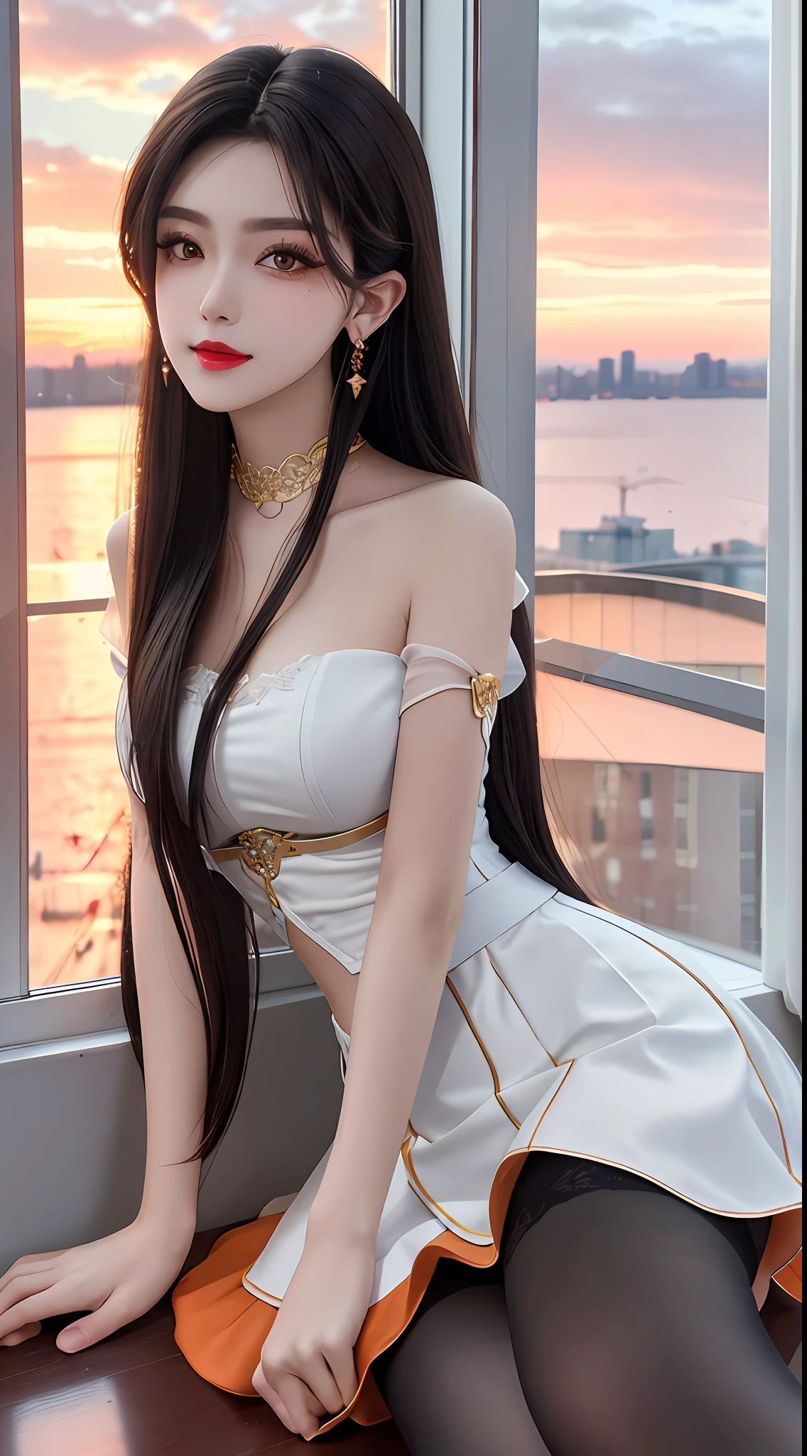 1 beautiful girl, sad girl, sitting by the window, long hair, beautiful face without blemishes, rosy face, earrings, brown eyes, thin eyebrows, most thorough makeup is eyelashes, red lips, lips petite, graceful smile, The breasts are full and round, slim waist, moderately big butt, long legs, wear a thin white shirt that reaches to the waist, black mesh stockings, long hair, one afternoon, sunset is fading, sky color orange, clear sunset background image, sad girl, sitting by the window, quality best image quality, 8k quality, real girl, girl portrait sitting by the window, artwork, upper body half,