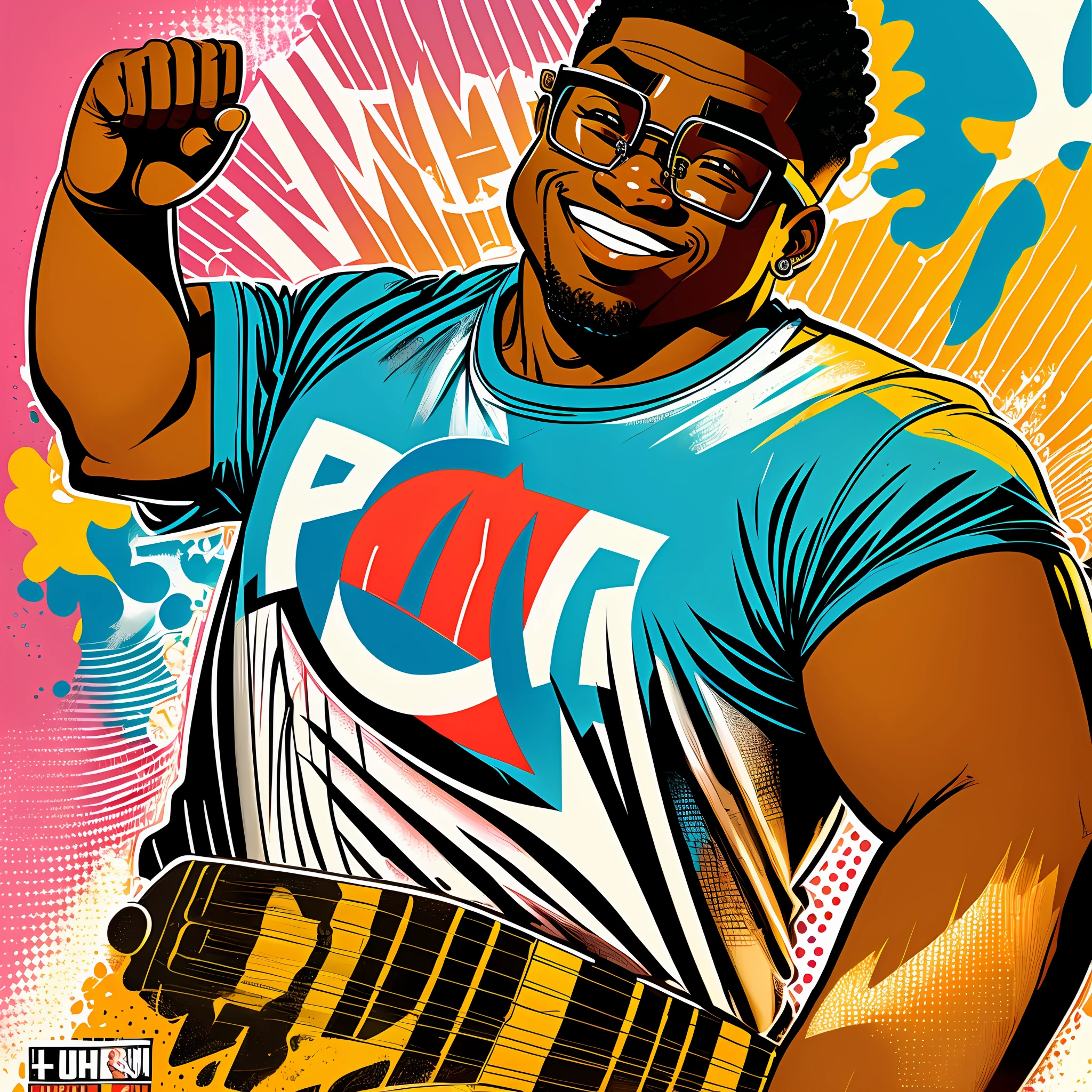 CHARACTER PROFILE. illustration. A black teenager, overweight, not muscular, smiling, wearing prescription glasses and dressed in the 80s style. T-shirt with rock and roll illustration. He's a nerd and his hands are well drawn. whole body. It is next to an old guitar and the illustration is done in comic art. concept art, with strokes of hand drawing, Pop art, Conceptual art, UHD --auto --s2