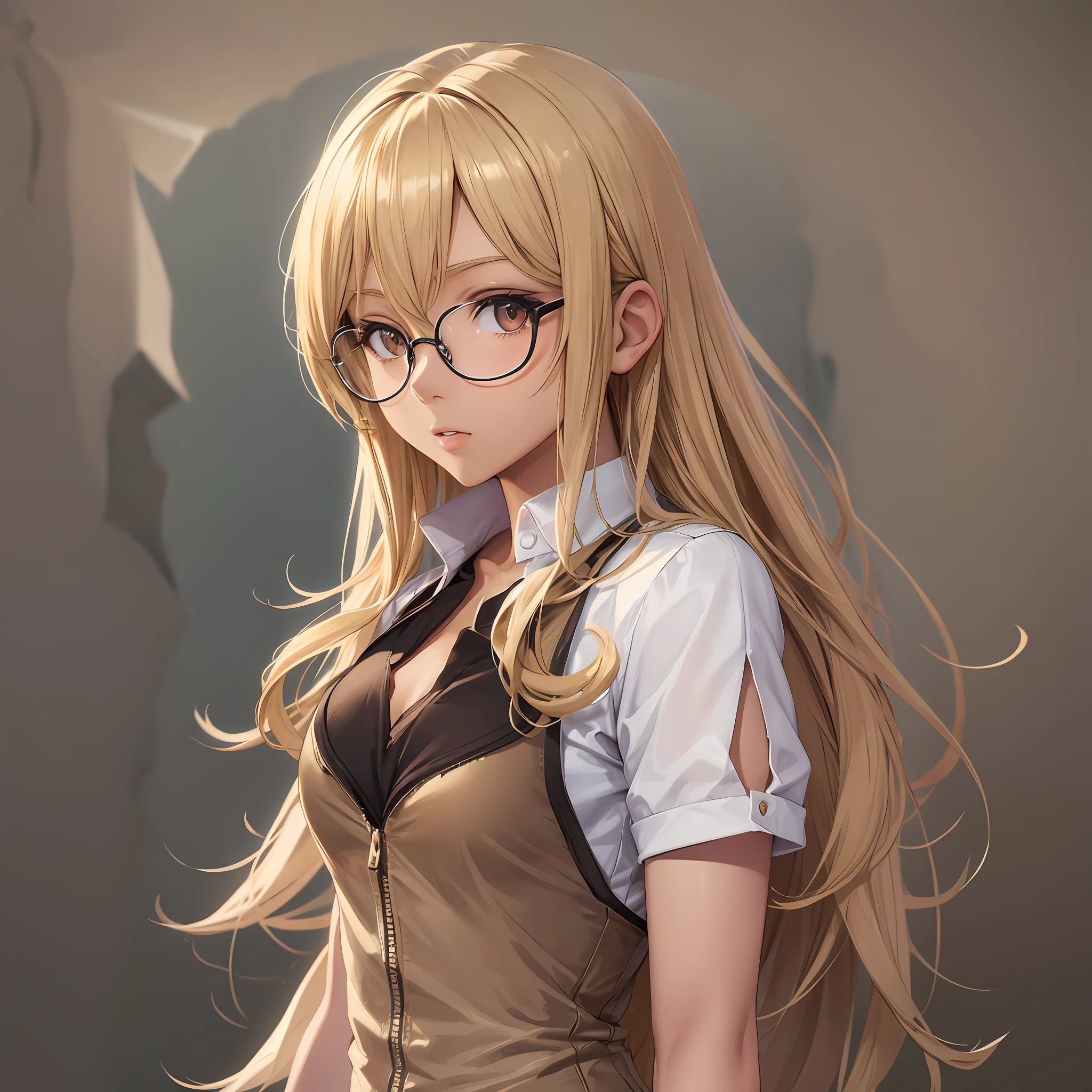 anime girl, blonde, light brown skin, glasses, older