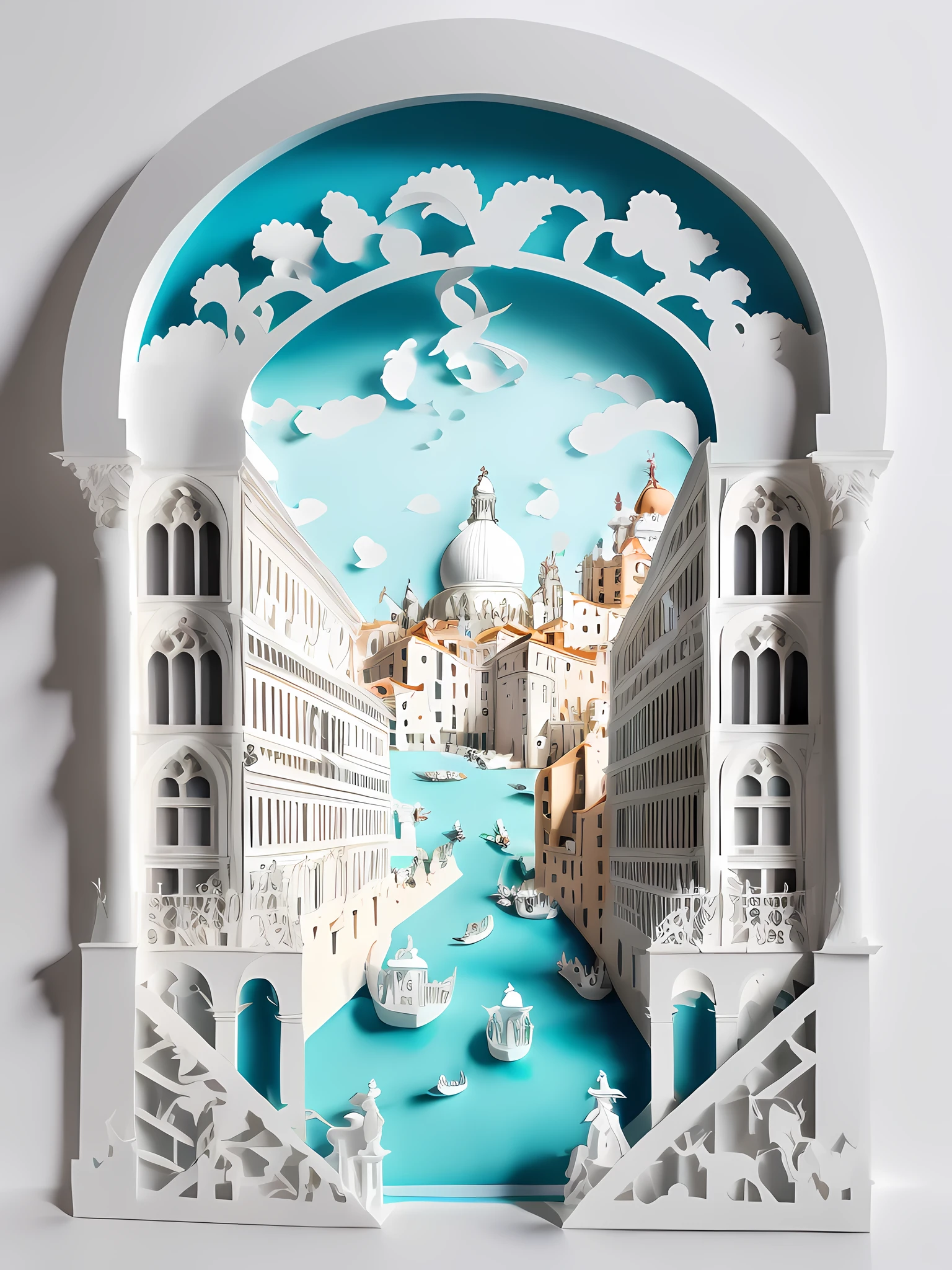 Italian Venice architecture, water city, street view, front view layer, 3D paper cutting, simple composition, white background, 3D stereoscopic, HD rendering.