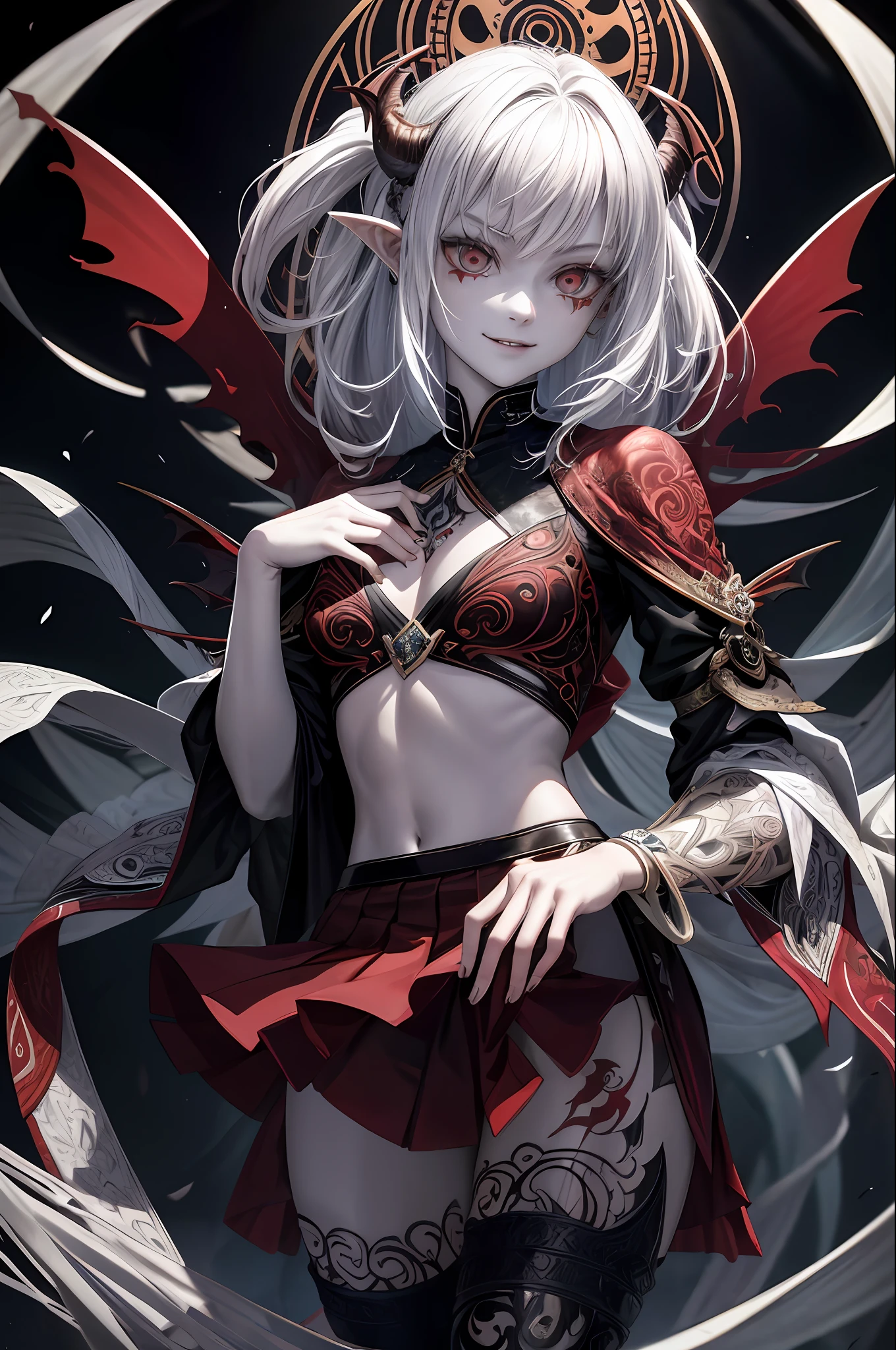 Official Art, Unity 8k Wallpaper, Ultra Detailed, Beautiful and Aesthetic, Masterpiece, Top Quality, (Zentangle, Mandala, Tangled), (Fractal Art: 1.3), One Girl, Very Detailed, Dynamic Angle, Cowboy Shot, Most Beautiful Form Chaotic, Elegant, Brutalist Design, Vibrant Color, Romanticism, James Jean, Robbie Dowi Antono, Ross Tran, Francis Bacon, Michal Muratz, Adrian Guyney, Petra Cortwright, Gerhard Richter, Takato Yamamoto, Ashley Wood, atmosphere, ecstasy notes, streaming notes appear masterpieces: 1.2, highest quality), (best lighting, very delicate and beautiful), (best lighting, very delicate and beautiful), (Beautiful Detailed Face), (Detailed Eyes and Detailed Face:1.2), Dark Fantasy, (Young Girl, Little Beast, 1girl, Solo, Crazy Smile, Pale Skin,Piercing,(tattoo all over body)),((Tribal tattoo all over leg))) White hair, Red glowing eyes, Dynamic Angle, Vampire), (Demon from Magic Circle), (Thunder,Moon, Red Sky), pointy_ ears, fangs, demon horns, blood on face, (depth of field), high contrast, (blood splash: 1.4), cowboy shot, full body, crop top, skirt