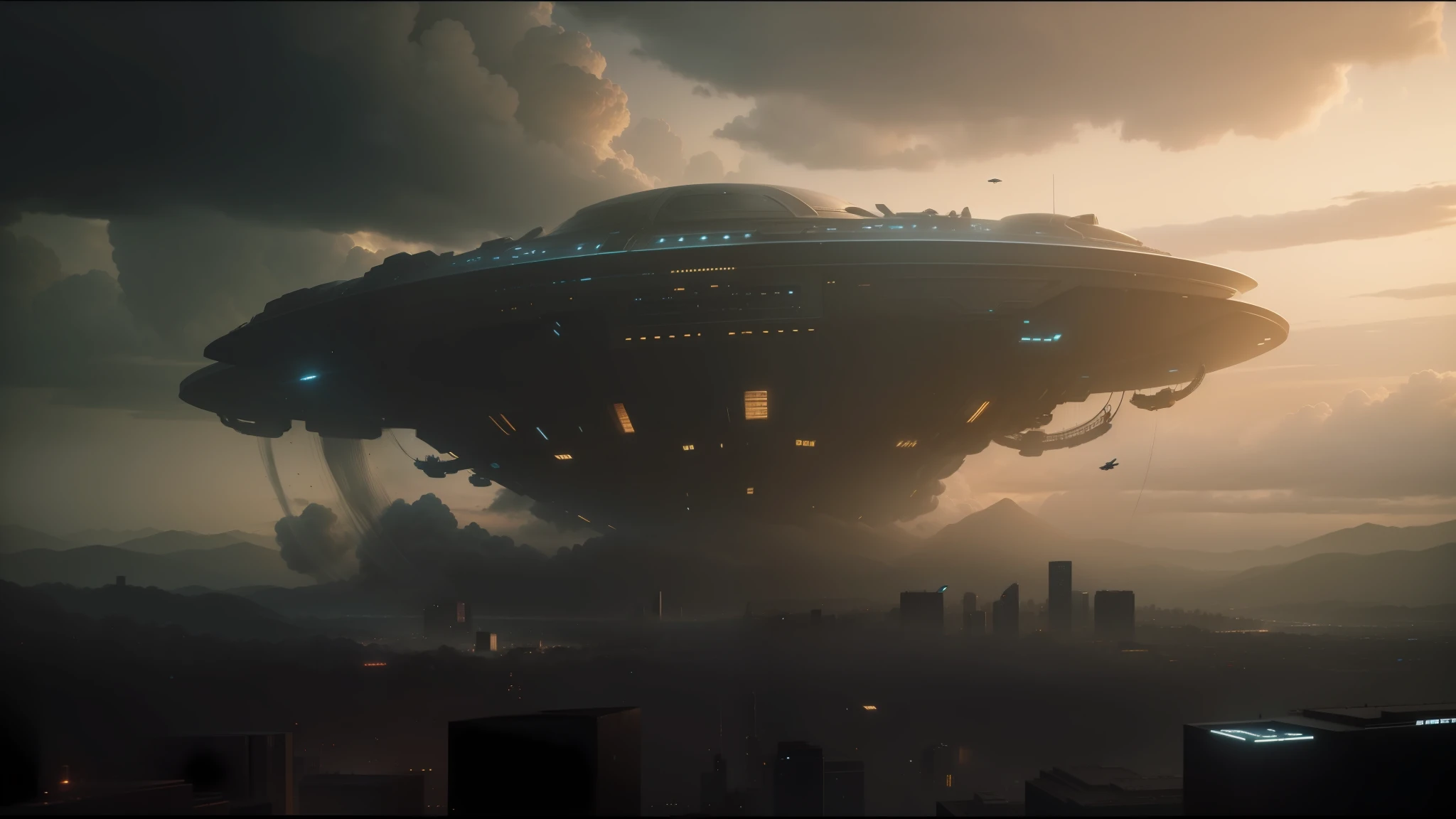 arafed flying object in the sky over a city, still frame from prometheus, dark mammatus cloud, by Cornelisz Hendriksz Vroom, movie promotional image, syndicate(2012), 8krealistic, moloch, galactus --auto --s2