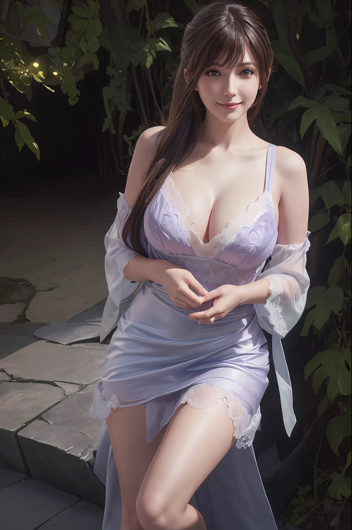 (realistic photo:1.5) , Ella Freya, 1girl, breasts, nsfw, ((rub one's chest)), purple eyes, cleavage, beach, blue sky, white hair, (smile), (extremely detailed CG unity 8k wallpaper), long hair, collarbone, 8k uhd, dslr, looking at viewer, large breasts, lace summer dress, see through, (detailed pupils:1.3), solo focus, bangs, shiny skin, fantasy art, photo realistic, artstation, poster, volumetric lighting, very detailed faces, 4k, award winning, full body, long hair, ,