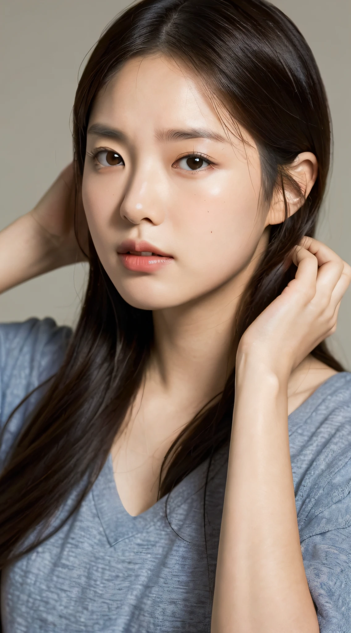 RAW, 8K, Asian girl, resting, thoughtful look, hands on head