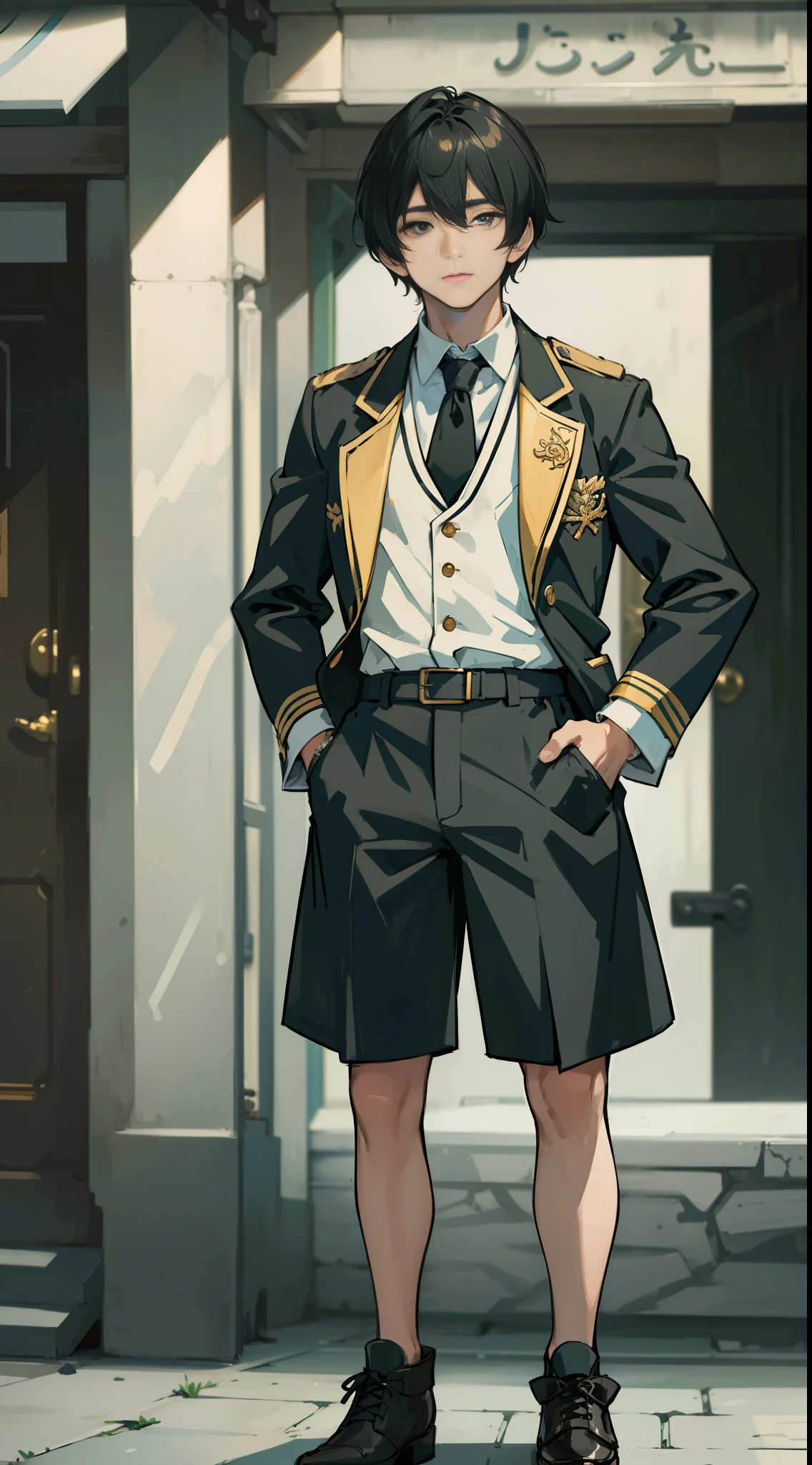 detailed face, masterpiece, top quality, intricate details, 1 boy, summer, uniform, full body, black hair