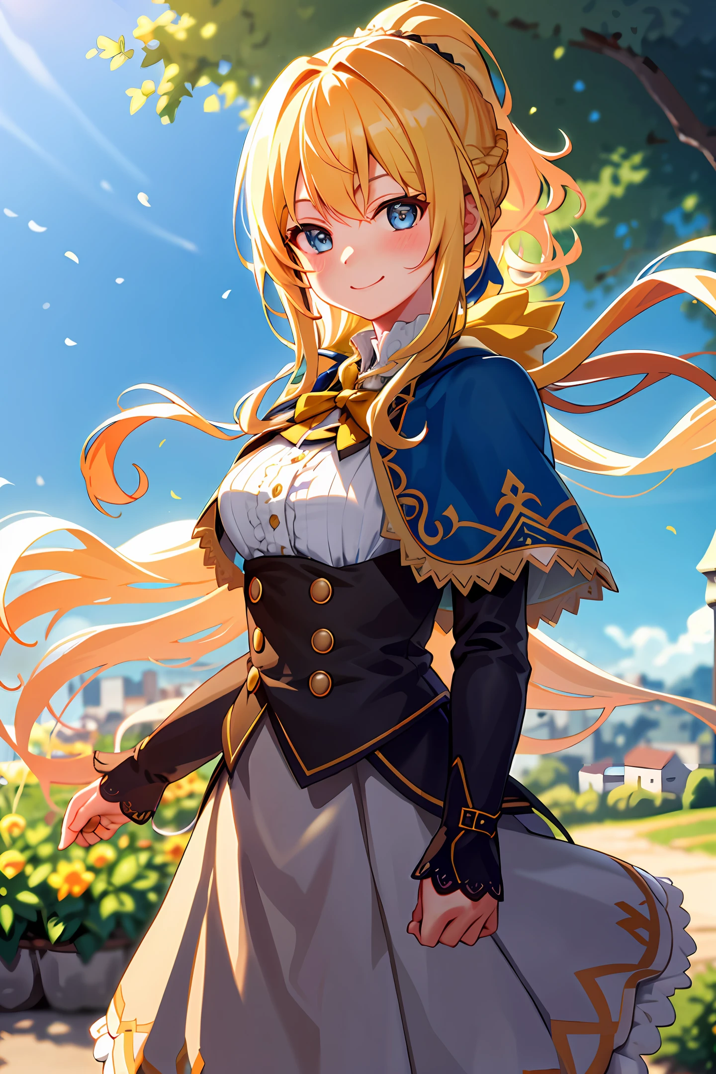 Top quality, Masterpiece, Very detailed, Detailed background, One girl, Solo, Yellow hair, Blue eyes, Braid, Long hair, Wavy hair, Fluffy hair, Ponytail, French braid, Blush, Smile, Capelet, Lace trim, Bodice, Dusk, Landscape, High place, Horizon, Wind blowing, Flower bed, Look at viewer, Depth of field, Bokeh,,Nipple see-through
