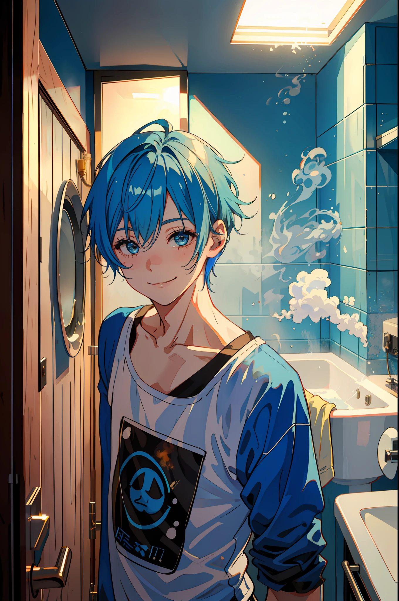 1 boy (blue hair), coming out of a bathroom filled with hot smoke. Smiling [is inside an apartment]