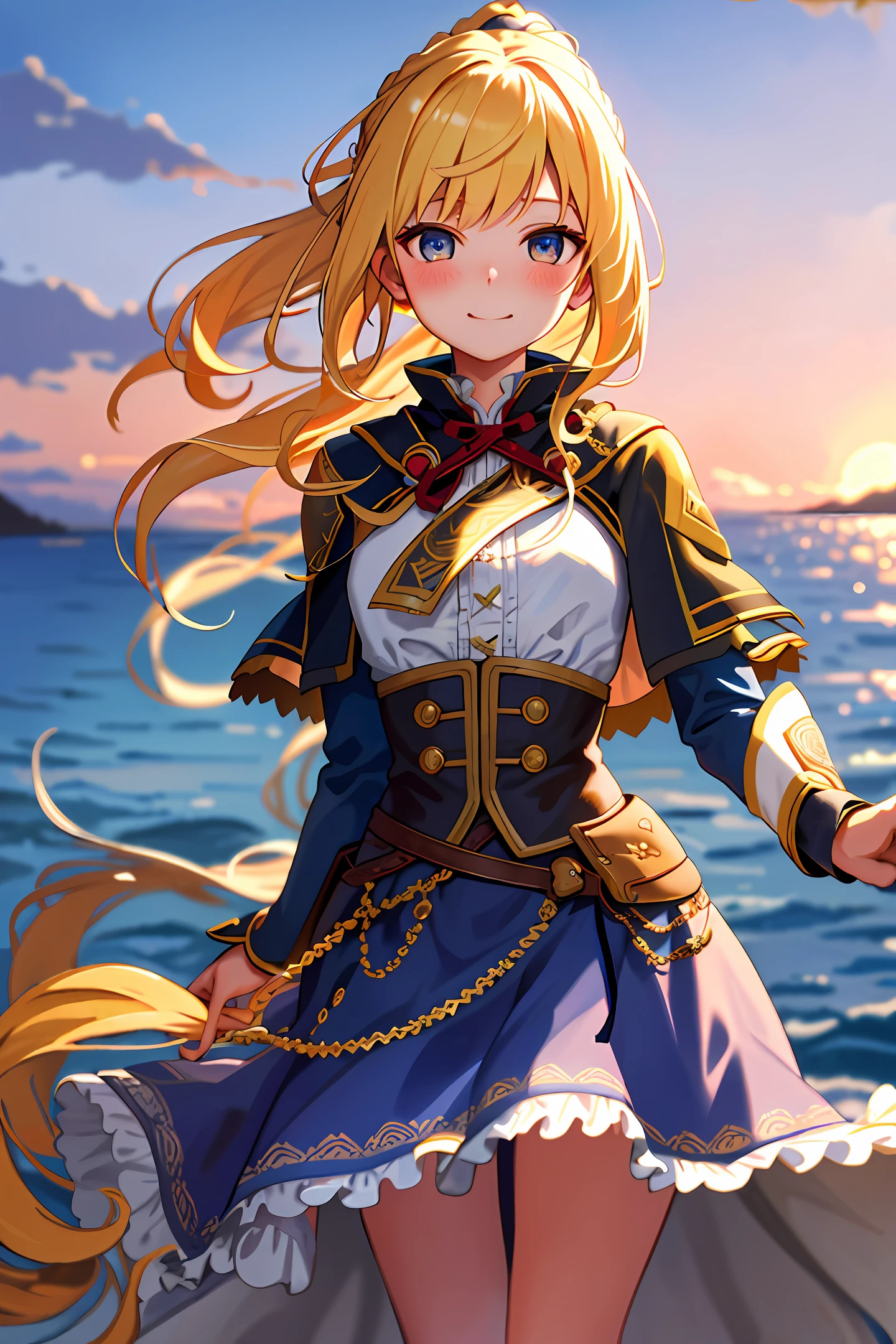 Top quality, Masterpiece, Very detailed, Detailed background, One girl, Solo, Yellow hair, Blue eyes, Braid, Long hair, Wavy hair, Fluffy hair, Ponytail, French braid, Blush, Smile, Capelet, Lace trim, Bodice, Dusk, Landscape, High place, Horizon, Wind blowing, Flower bed, Look at viewer, Depth of field, Bokeh,,Nipple see-through