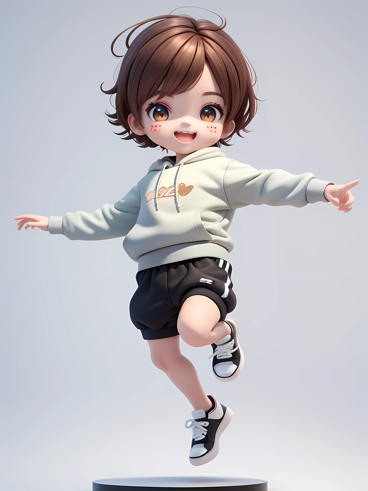 (Masterpiece), (Best Quality), (Ultra Detailed), (Full Body: 1.2), A Boy, Chibi, Cute, Smile, Open Mouth, Dancing, Dancing Hip Hop, Jumping Pose, Hoodie, Blush, Shirt, Short Hair, Brown Hair, Blush Stripe Sticker, Long Sleeves, Brunette Hair, Sneakers, Pants, 3D Clay Rendering, White Background, (Beautiful Detailed Face), (Beautiful Detail Eyes),
