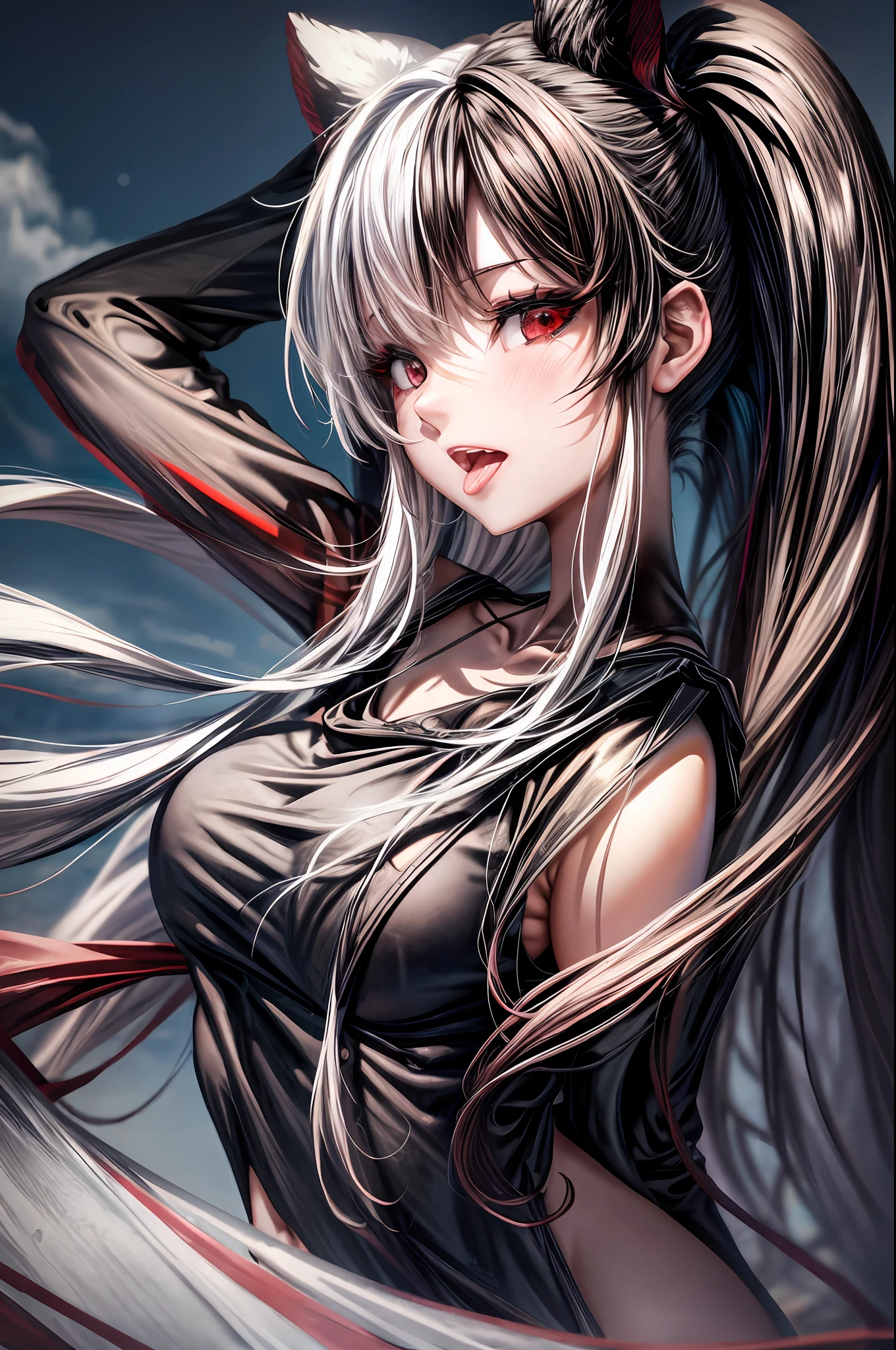 split-color_hair, Black_hair, red_hair, twintails, type moon style, realistic, extremely delicate and beautiful, game_cg, looking_down, focus on eyes, hand_on_hip, shiny_skin, girl,woman,female, young,20 years old, shiny hair, detailed beautiful face, evil grin, complex details beautiful and delicate eyes, tongue, fingernails, medium_breasts, red eyes, Authentic skin texture, piercing, necklace, tank_top, miniskirt, sandals, crop_top, day, beach, sunlight, shiny, absurdres, extremely detailed CG unity 8k wallpaper, very fine 8K CG wallpaper