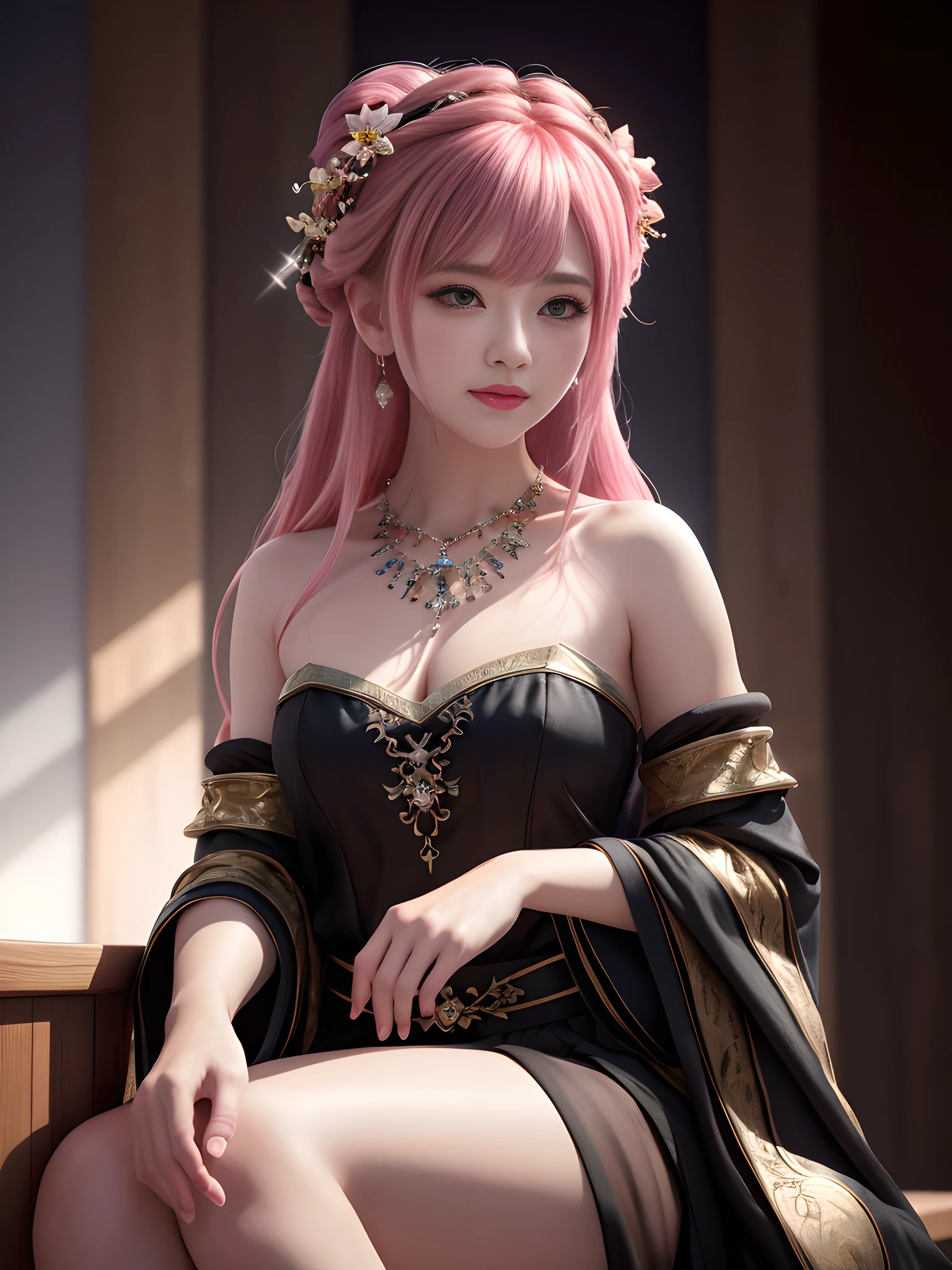 Best Quality, Masterpiece, High Resolution, Realistic, Real, 1girl, Solo, Mature Girl, Fairy, Black and Detailed Hanfu, Bandeau, Leaky Shoulders, Medium, Sitting on a Chair, Facing the Audience, Exuding Charm, Pink Hair, Hair Accessories, Necklaces, Jewelry, Beautiful Face, Big Eyes, Blush, Star Eyes, Body Bustiness, Tyndall Effect, Dark Studio, Edge Lighting, Two-tone Lighting, (High Detail Skin: 1.2), 8K UHD, DSLR, Soft Light, High Quality, Volumetric Light , sneak peek, Photos, high resolution, 4k, 8k, bokeh,