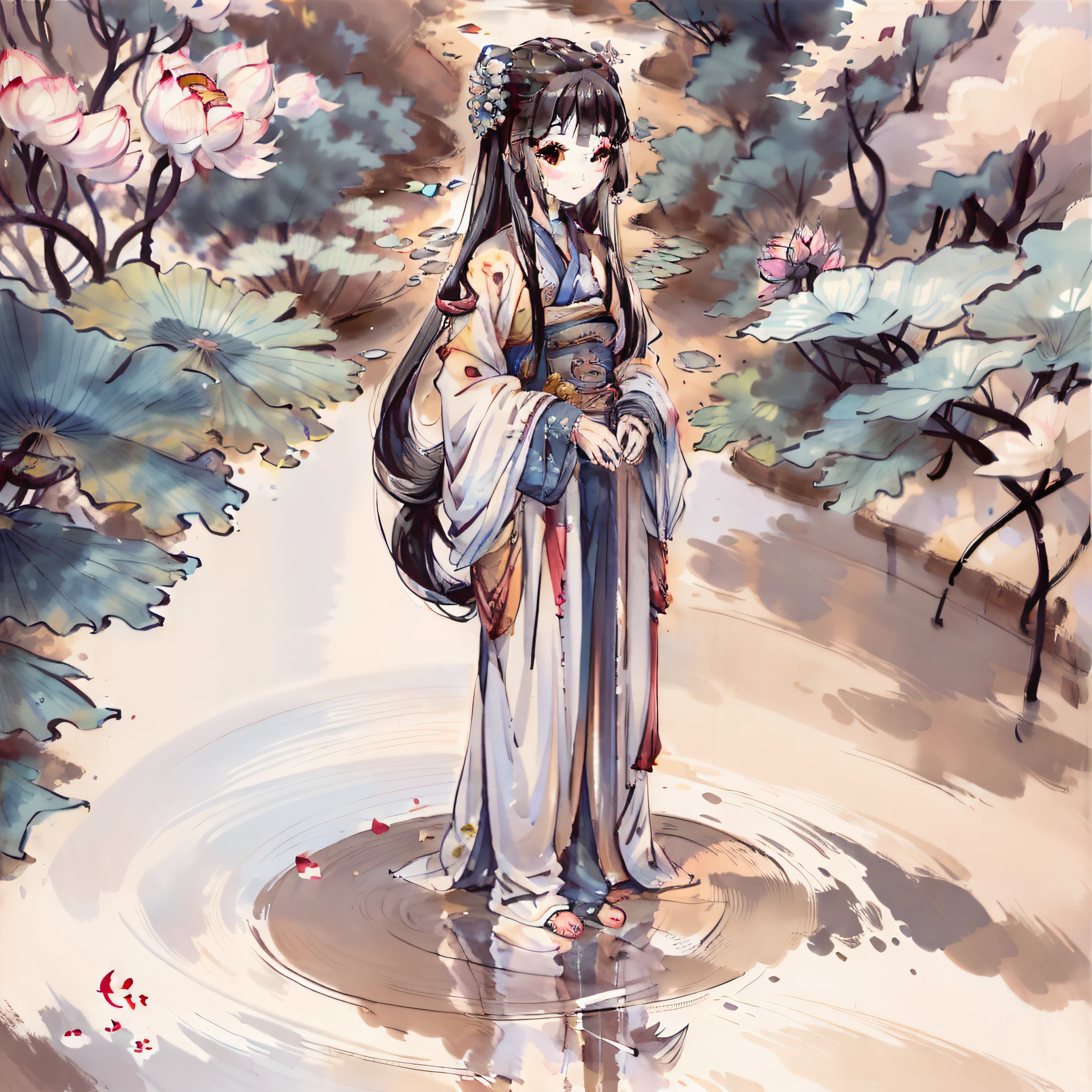 ((4K, Masterpiece, Best Quality)), shuimobysim, Chinese painting, lotus, hanfu, maxiskit, 1girl, solo, long blue hair, smile, standing, feet in water, barefoot