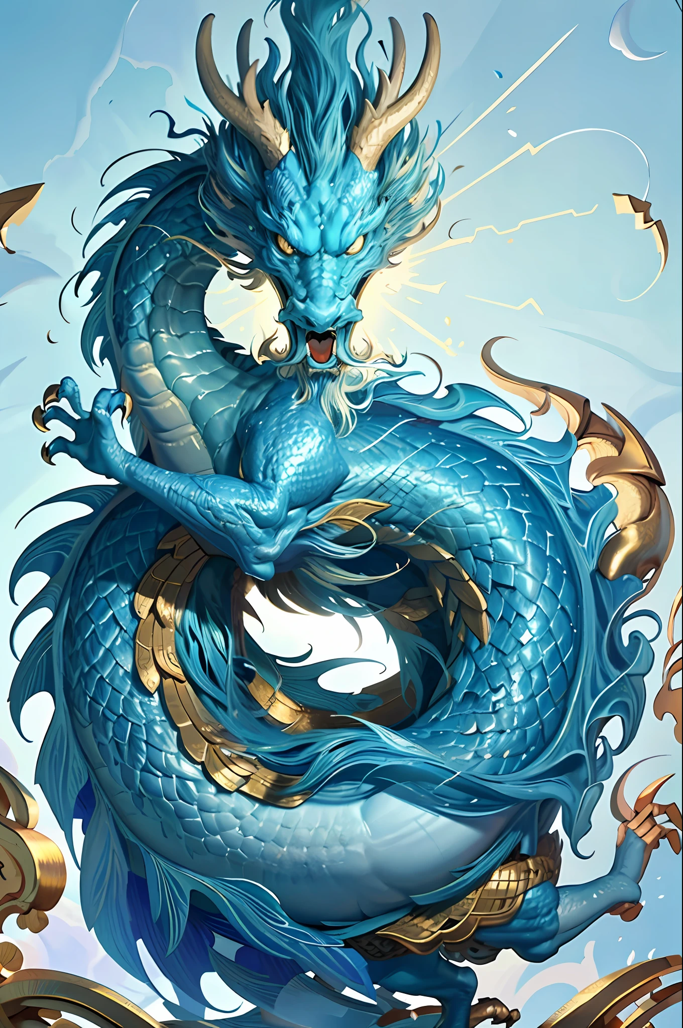 Logo, masterpiece, (on white background: 1), cyan Chinese dragon, surrounded by gold dust, black flowers, trees, petals, wind, god, long wavy body, fangs, fantasy, mythology, high quality, highly detailed, masterpiece, epic, particle effects, dynamic effects, sun in background