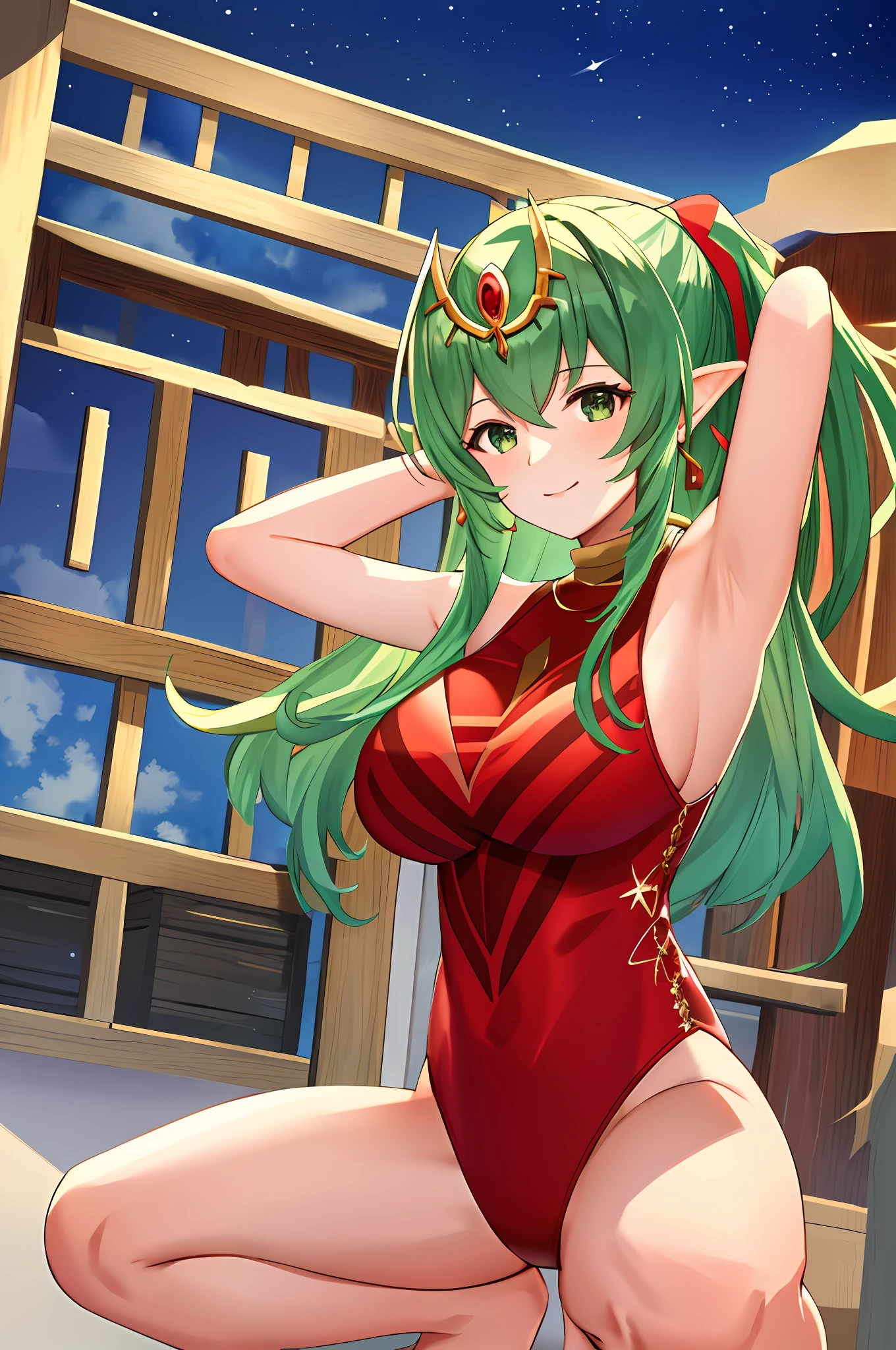 masterpiece, tiki fe, 1girl, solo, looking at viewer, seductive smile, detailed face, red leotard, barefeet, tiara, squatting, arms behind head, armpits, huge breasts, muscular, abs