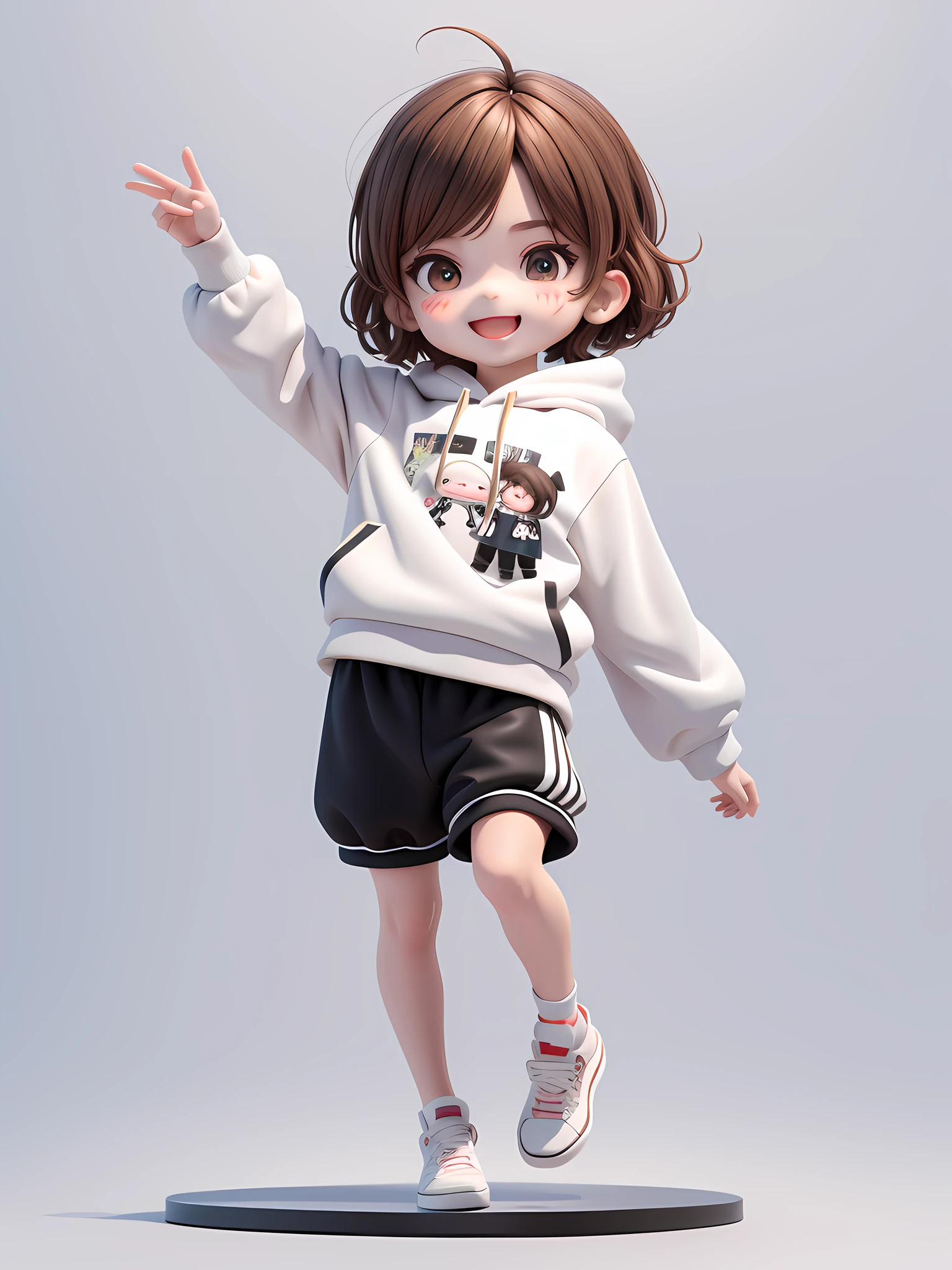 (Masterpiece), (Best Quality), (Ultra Detailed), (Full Body: 1.2), A Boy, Chibi, Cute, Smile, Open Mouth, Dancing, Dancing Hip Hop, Jumping Pose, Hoodie, Blush, Shirt, Short Hair, Brown Hair, Blush Stripe Sticker, Long Sleeves, Brunette Hair, Sneakers, Pants, 3D Clay Rendering, White Background, (Beautiful Detailed Face), (Beautiful Detail Eyes),