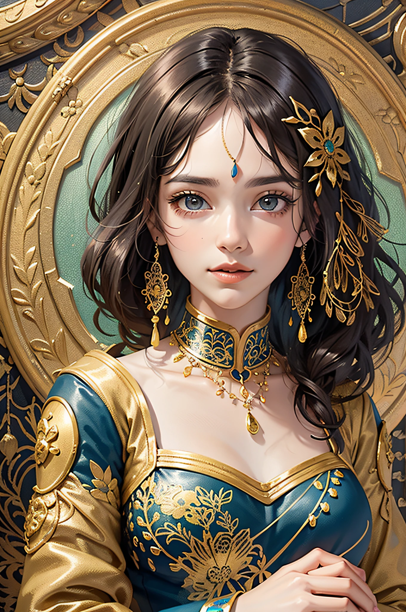 (masterpiece, top quality, best quality, official art, beautiful and aesthetic:1.2), (1girl), extreme detailed,colorful,highest detailed, official art, unity 8k wallpaper, ultra detailed, beautiful and aesthetic, beautiful, masterpiece, best quality, (zentangle, mandala, tangle, entangle) ,holy light,gold foil,gold leaf art,glitter drawing, PerfectNwsjMajic