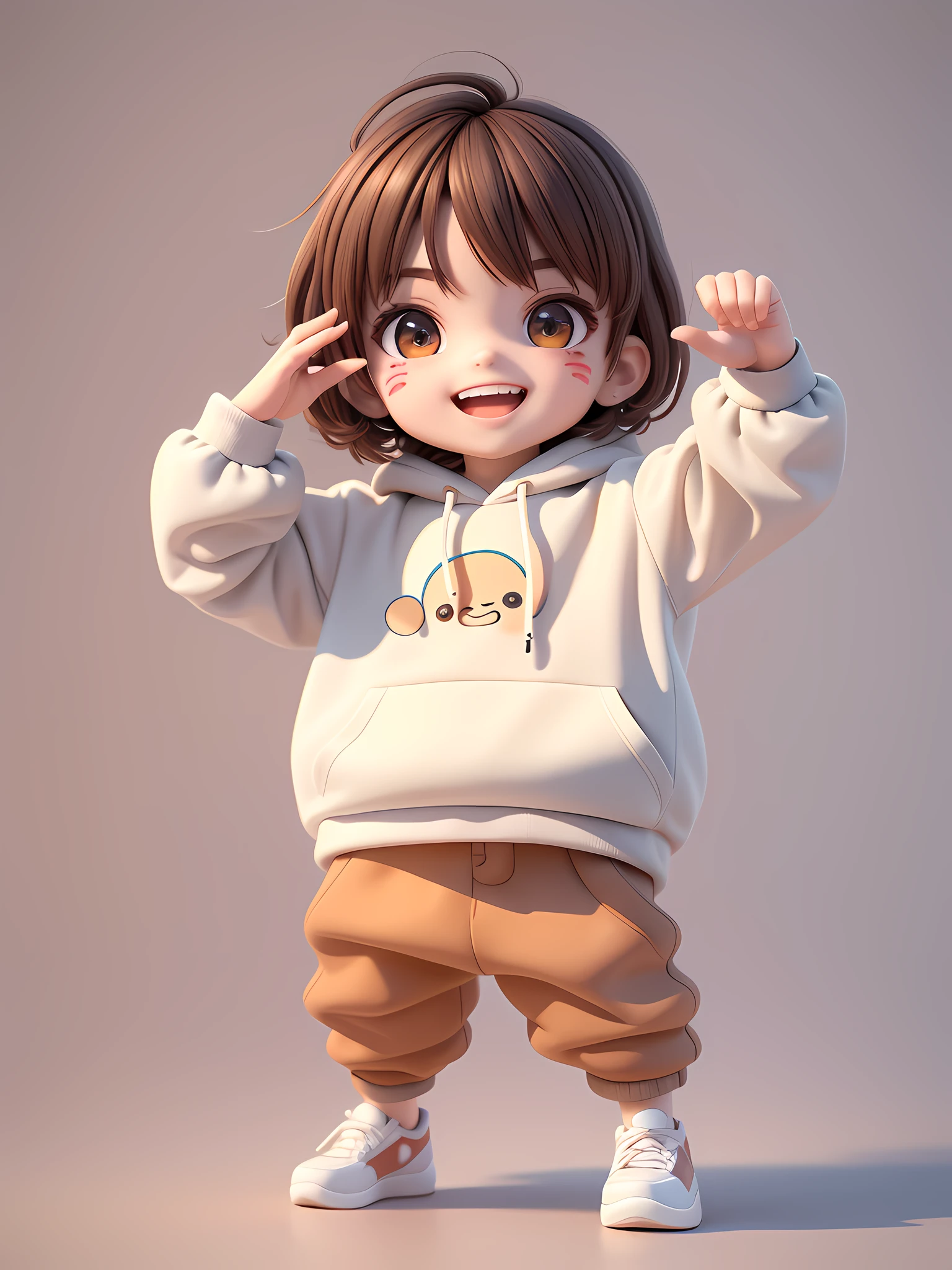 (Masterpiece), (Best Quality), (Ultra Detailed), (Full Body: 1.2), A Boy, Chibi, Cute, Smile, Open Mouth, Dancing, Dancing Hip Hop, Jumping Pose, Hoodie, Blush, Shirt, Short Hair, Brown Hair, Blush Stripe Sticker, Long Sleeves, Brunette Hair, Sneakers, Pants, 3D Clay Rendering, White Background, (Beautiful Detailed Face), (Beautiful Detail Eyes),