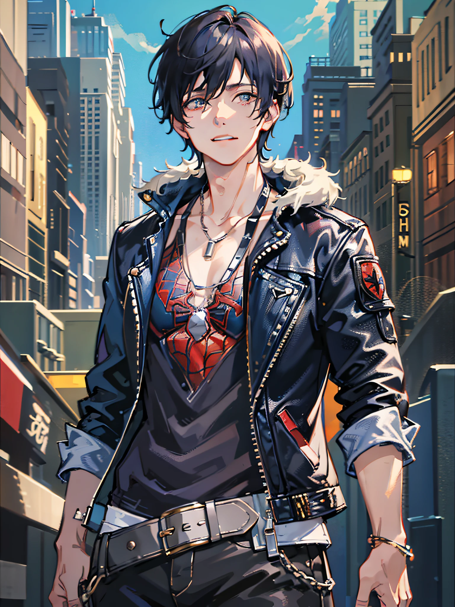 1boy, spider-man, jacket, short hair, looking at the audience, male focus, necklace, upper body, messy hair, trending on artstation, 8k resolution, very detailed, anatomically correct, clear image, digital painting, concept art, fashion trends on pixiv, Makoto Shinkai's style
