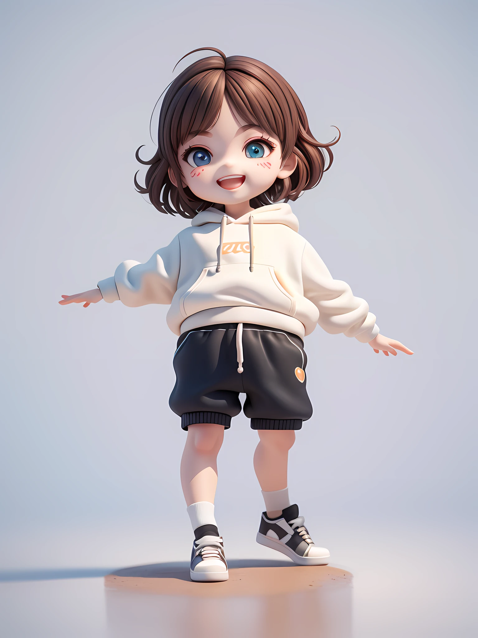 (Masterpiece), (Best Quality), (Ultra Detailed), (Full Body: 1.2), A Boy, Chibi, Cute, Smile, Open Mouth, Dancing, Dancing Hip Hop, Jumping Pose, Hoodie, Blush, Shirt, Short Hair, Brown Hair, Blush Stripe Sticker, Long Sleeves, Brunette Hair, Sneakers, Pants, 3D Clay Rendering, White Background, (Beautiful Detailed Face), (Beautiful Detail Eyes),