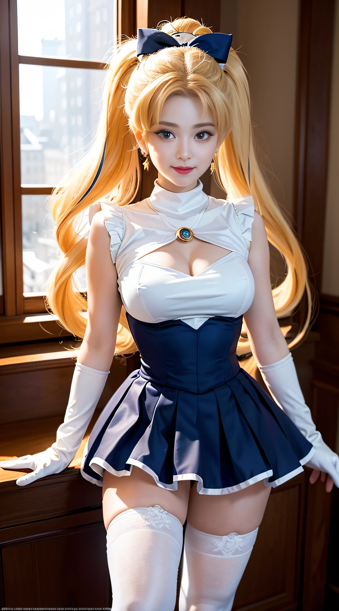 (Extreme Detail CG Unity 16K wallpaper, masterpiece, highest quality), (exquisite lighting and shadow, highly dramatic picture, cinematic lens effect), (Sailor Moon: 1.1), large, charming smile, double tail, blue eyes, long blonde hair, tight top, white gloves, mini skirt, white stockings), cosmic background (excellent detail, outstanding lighting, wide angle, full body), (excellent rendering, enough to stand out in its class),