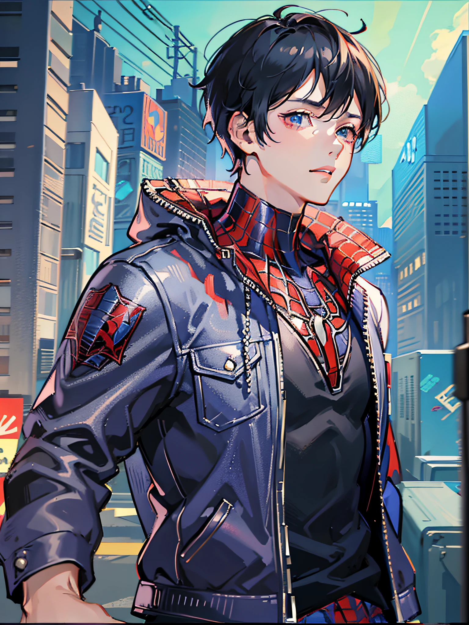 1boy, spider-man, jacket, short hair, looking at the audience, male focus, necklace, upper body, messy hair, trending on artstation, 8k resolution, very detailed, anatomically correct, clear image, digital painting, concept art, fashion trends on pixiv, Makoto Shinkai's style